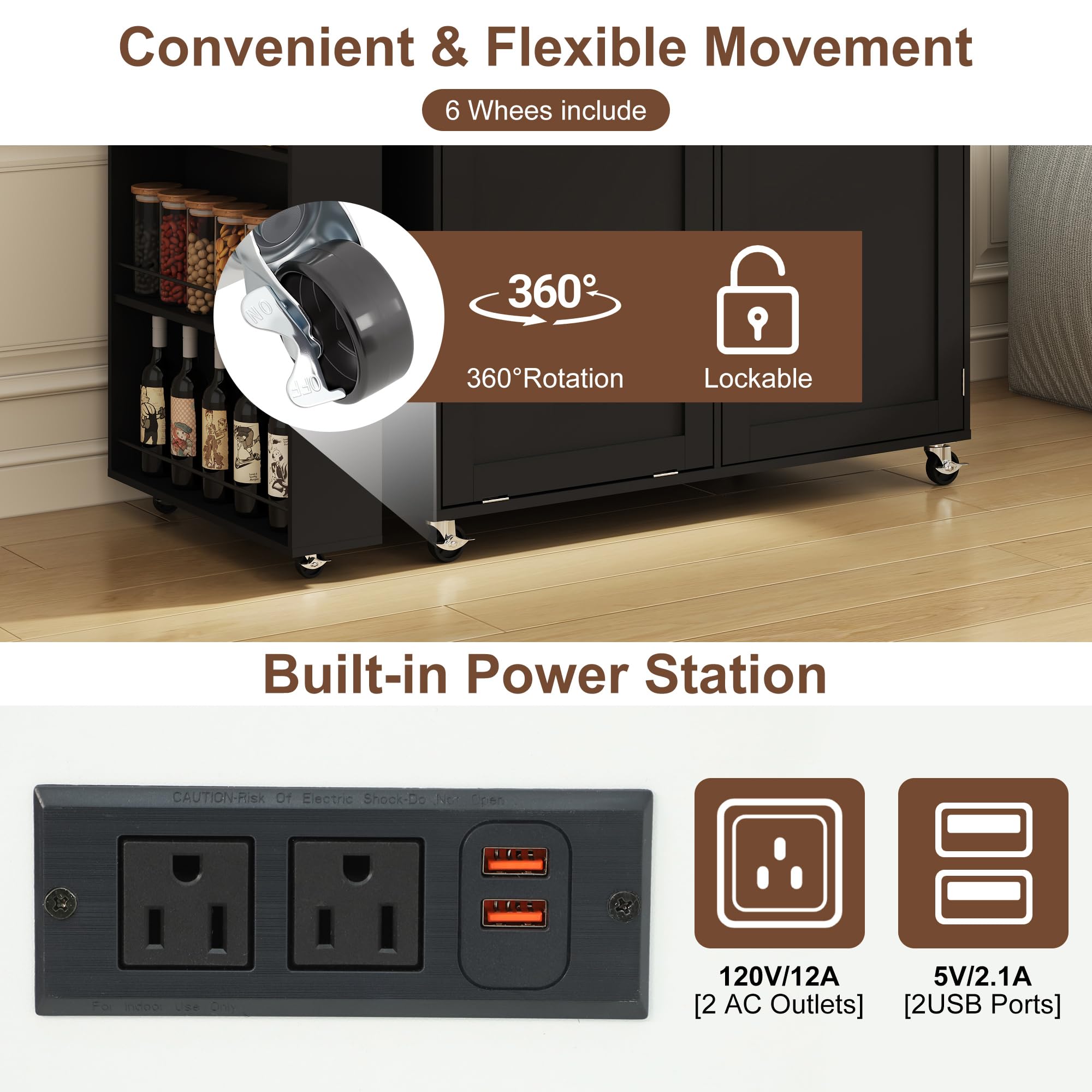 ANPOO 360° Rotating Rolling Kitchen Island Cart with Tilt-Out Trash Bin, Extendable Table, Spice Rack, Storage Cabinet & Drawer, Lockable Wheels, Modern Wooden Cart for Kitchens & Dining Rooms