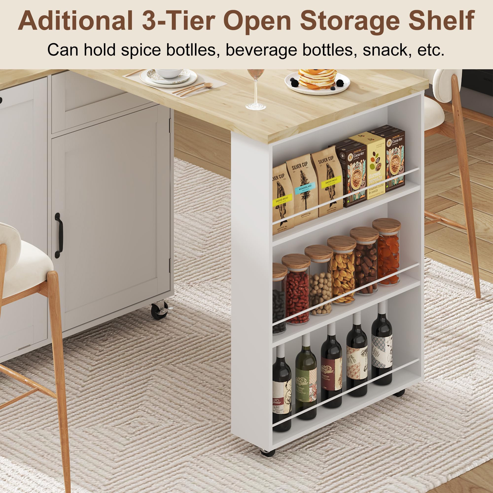 ANPOO 360° Rotating Rolling Kitchen Island Cart with Tilt-Out Trash Bin, Extendable Table, Spice Rack, Storage Cabinet & Drawer, Lockable Wheels, Modern Wooden Cart for Kitchens & Dining Rooms