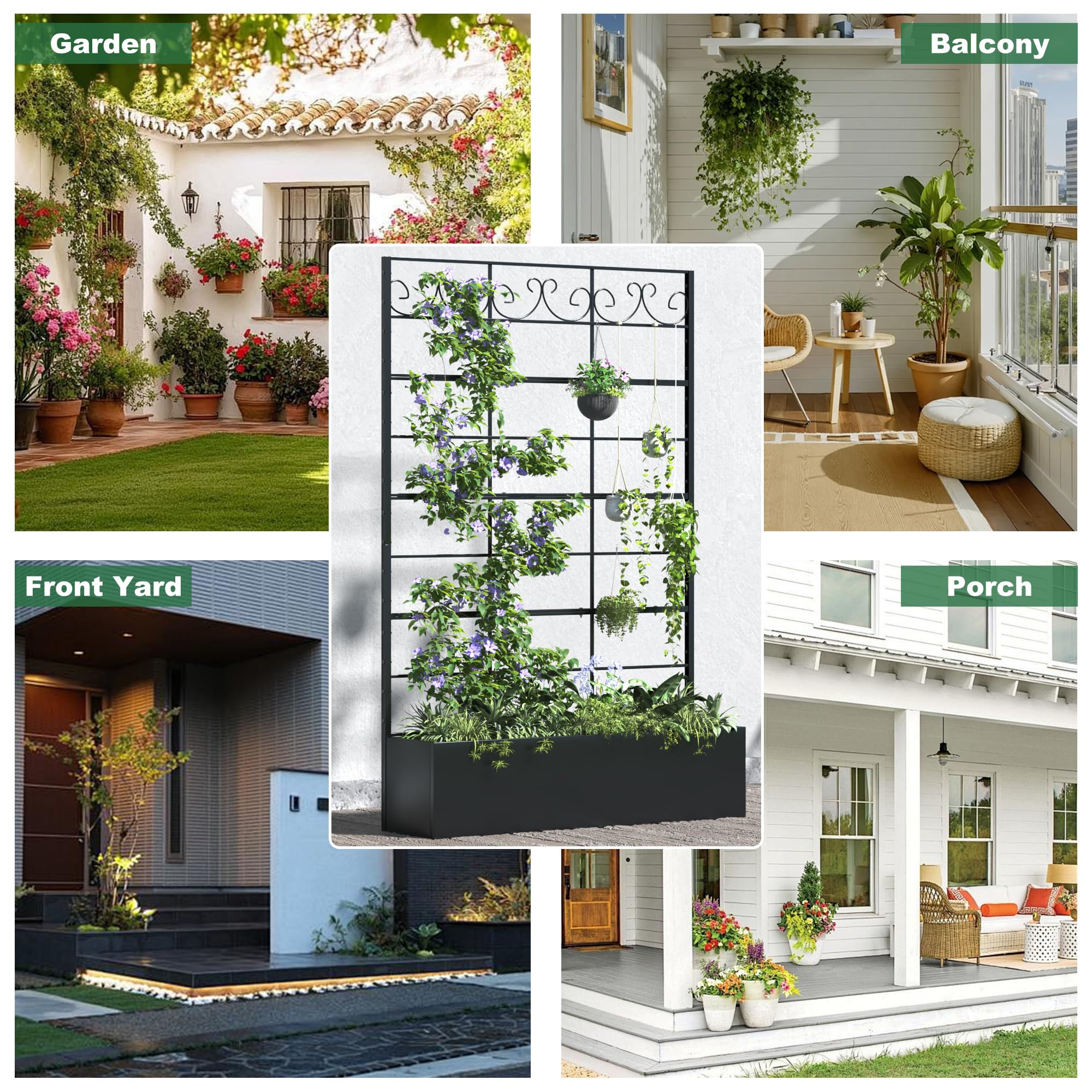 Coumy Metal Raised Garden Bed with Trellis, 70.9"x47.2"x12" Planter Box with Drainage Holes & Privacy Screen for Climbing Plants, Vegetables & Vines