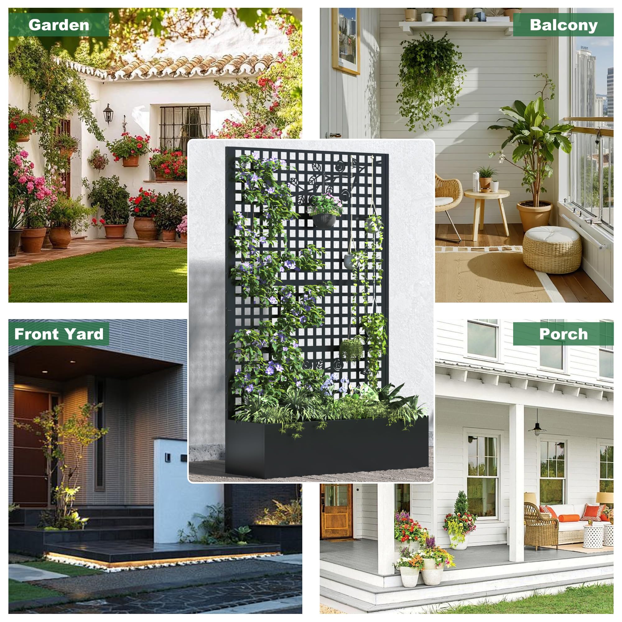 Coumy Metal Raised Garden Bed with Trellis, 70.9"x43.3"x15.8" Planter Box with Drainage Holes & Privacy Screen for Climbing Plants, Vegetables & Vines