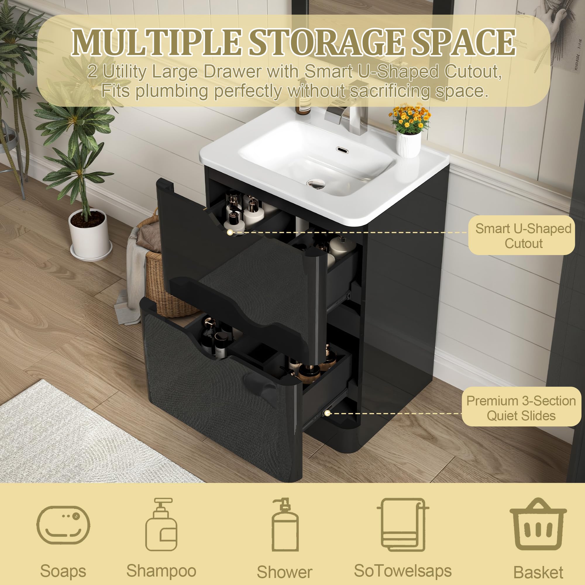 ANPOO 24 Inch High Gloss Bathroom Vanity with Sink, Mirror and Faucet, Freestanding Storage Cabinet with 2 Drawers, Modern Ceramic Sink Vanity Combo