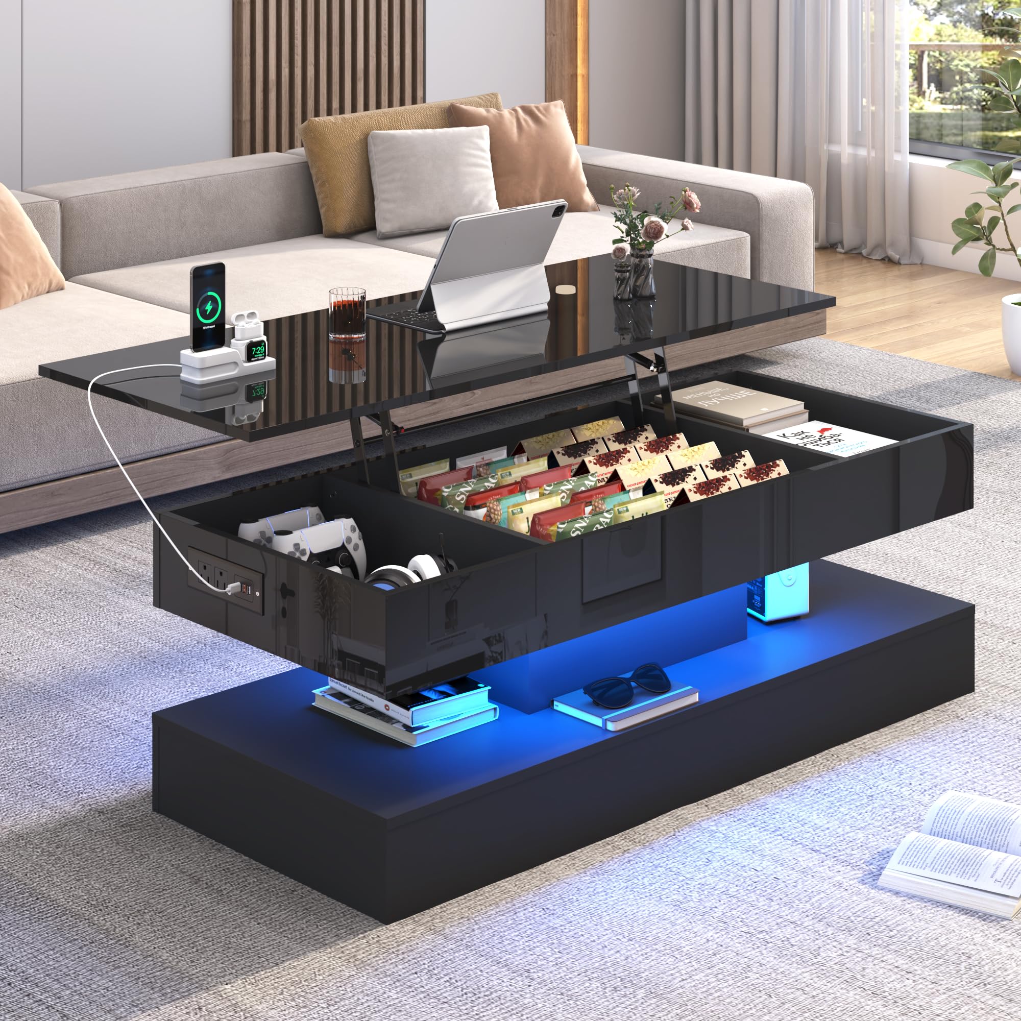 ChVans 47" Large Lift Top Coffee Table with Charging Station & LED Lights, High Glossy White LED Coffee Table with Hidden Compartment Storage, Modern Living Room Tables w/Marbling Print
