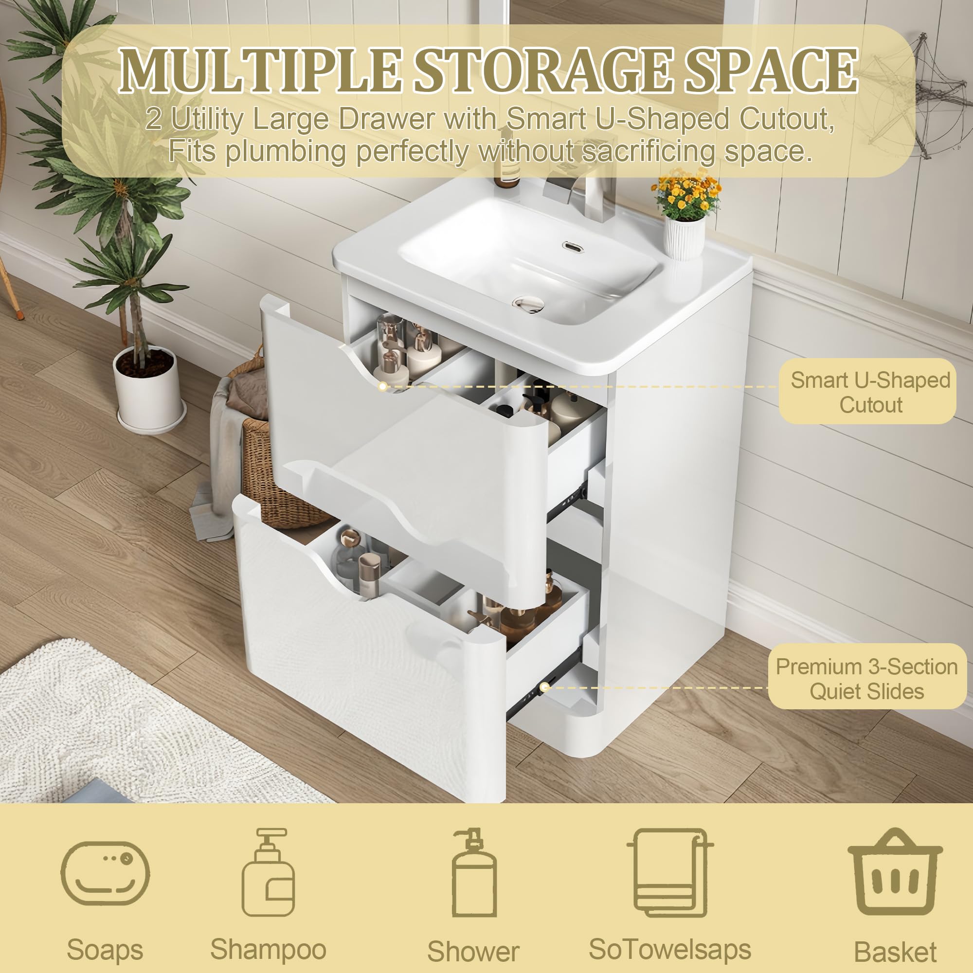 ANPOO 24 Inch High Gloss Bathroom Vanity with Sink, Mirror and Faucet, Freestanding Storage Cabinet with 2 Drawers, Modern Ceramic Sink Vanity Combo