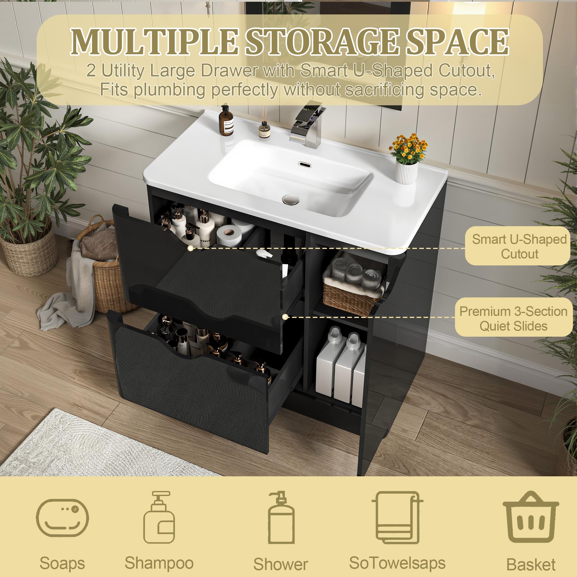 ANPOO 24 Inch High Gloss Bathroom Vanity with Sink, Mirror and Faucet, Freestanding Storage Cabinet with 2 Drawers, Modern Ceramic Sink Vanity Combo