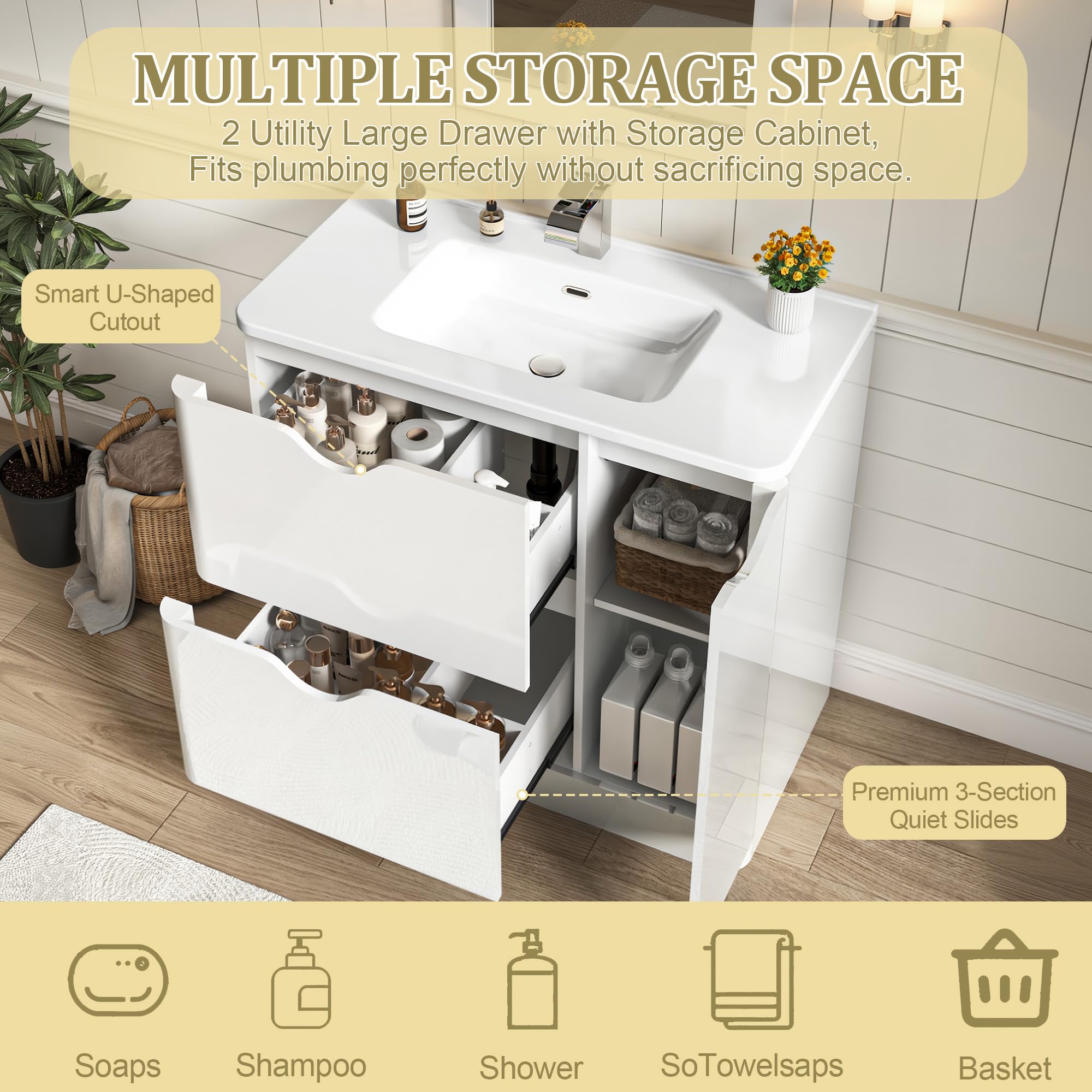 ANPOO 24 Inch High Gloss Bathroom Vanity with Sink, Mirror and Faucet, Freestanding Storage Cabinet with 2 Drawers, Modern Ceramic Sink Vanity Combo