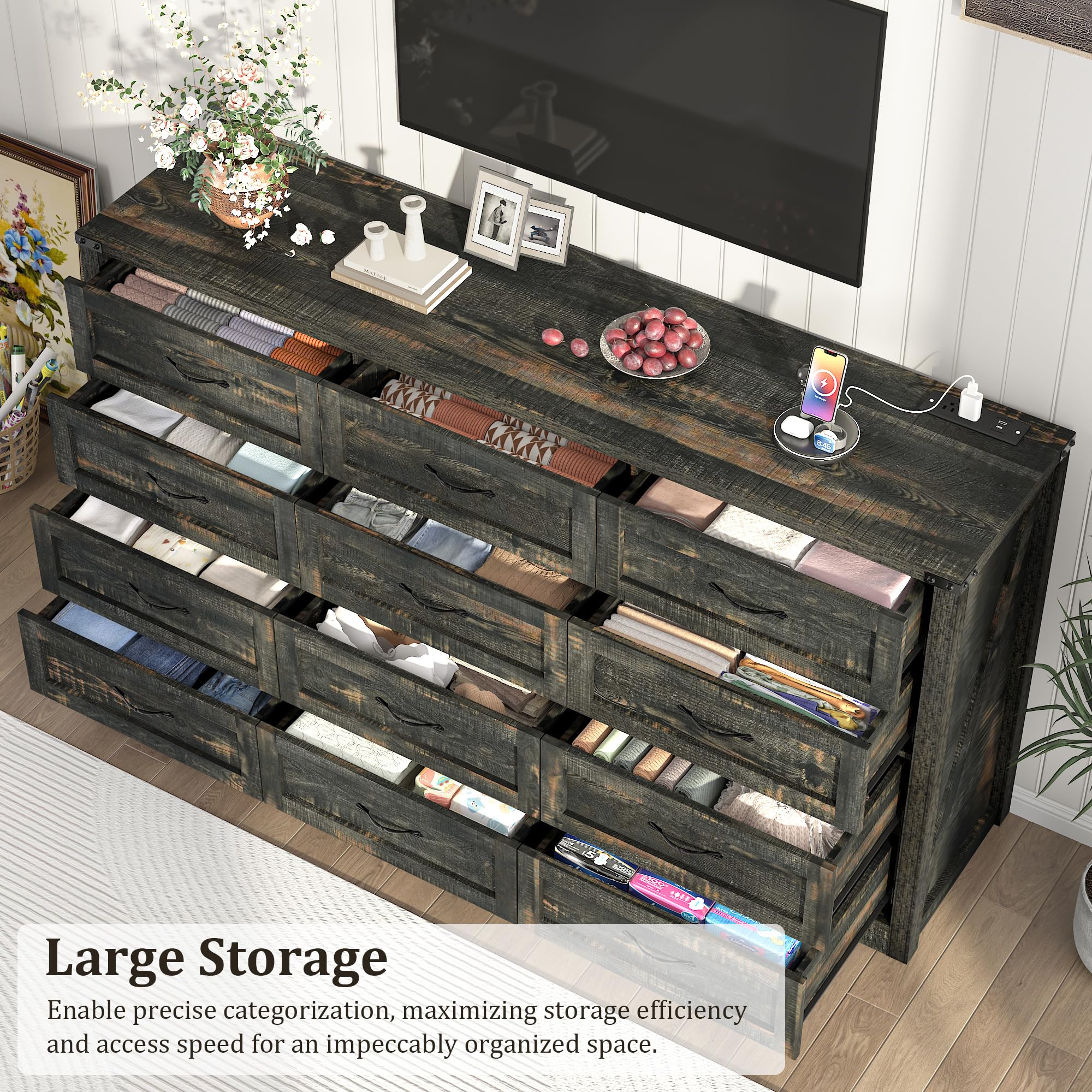 ANPOO 63 Inch Wide Rustic Farmhouse 12 Drawer Dresser, Vintage Wood Chest with Built-in Multi Power Outlet, Wood Dresser for Bedroom, Living Room, Hallway