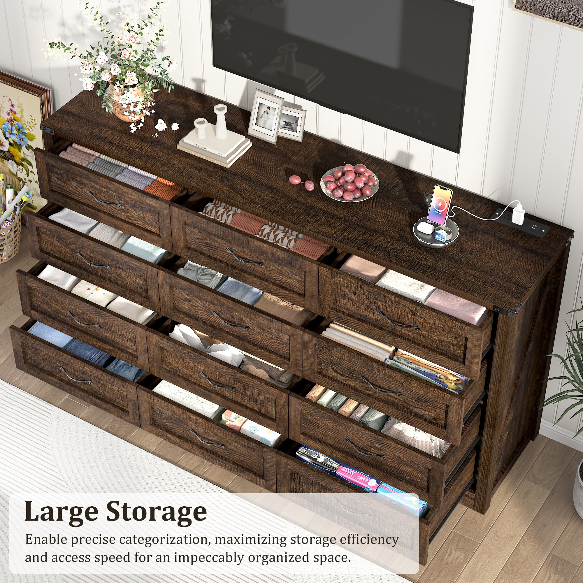 ANPOO 63 Inch Wide Rustic Farmhouse 12 Drawer Dresser, Vintage Wood Chest with Built-in Multi Power Outlet, Wood Dresser for Bedroom, Living Room, Hallway