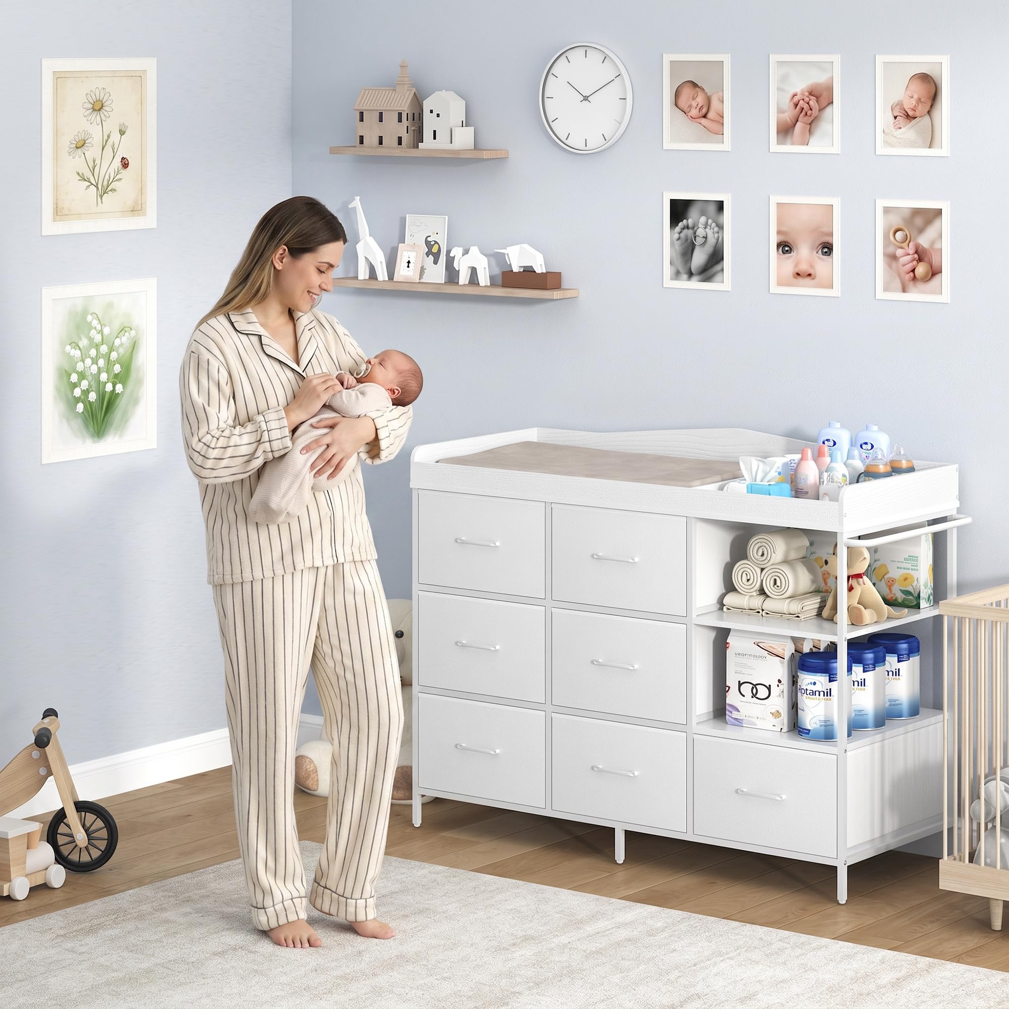 ANPOO Baby Changing Table Dresser with 7 Fabric Drawers, Changing Top & Open Shelves, Nursery Storage Organizer White