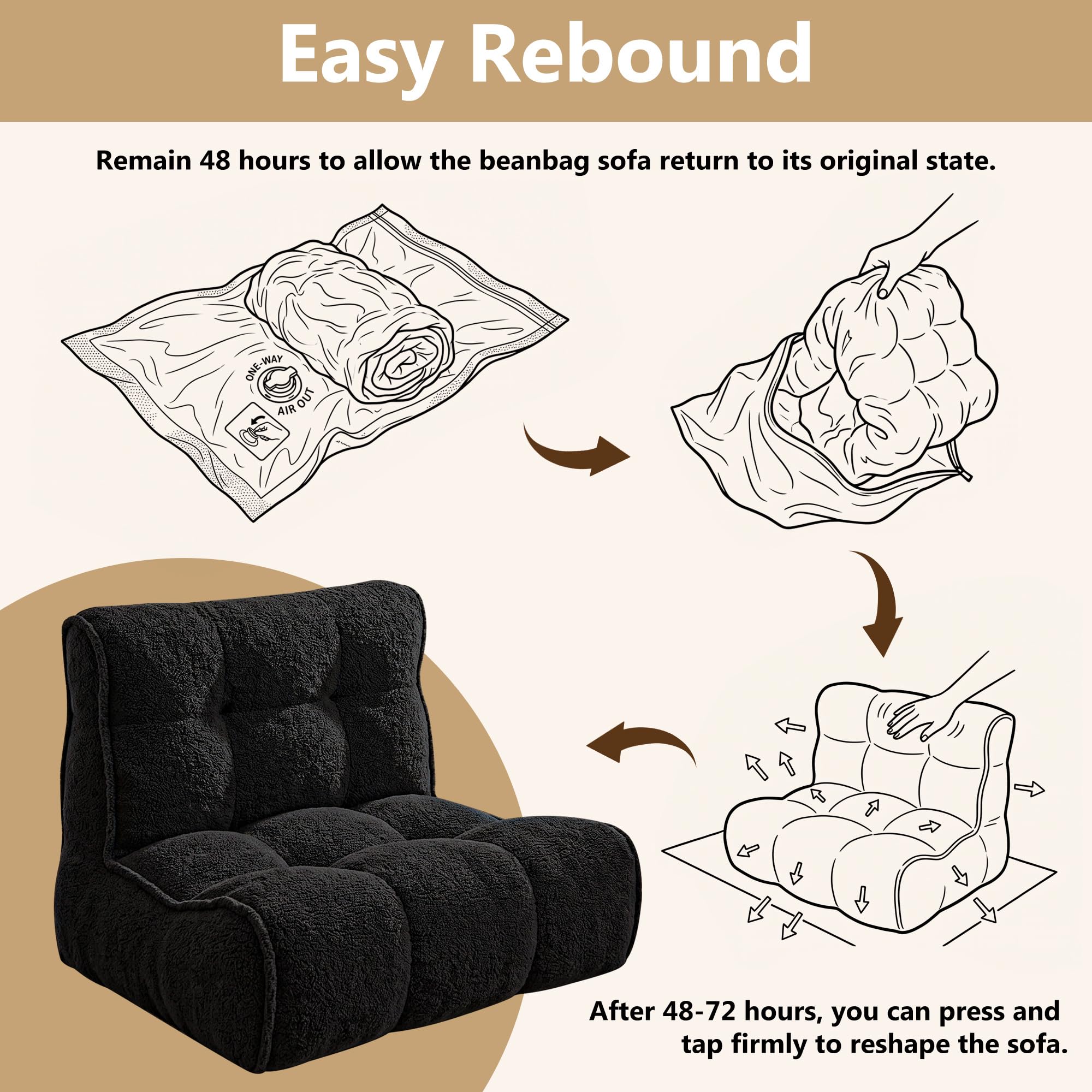 Chenille Bean Bag Floor Couch, Oversized Memory Foam Lazy Sofa, Plush Textured Floor Lounger for Bedroom, Living Room, Dorm & Game Room
