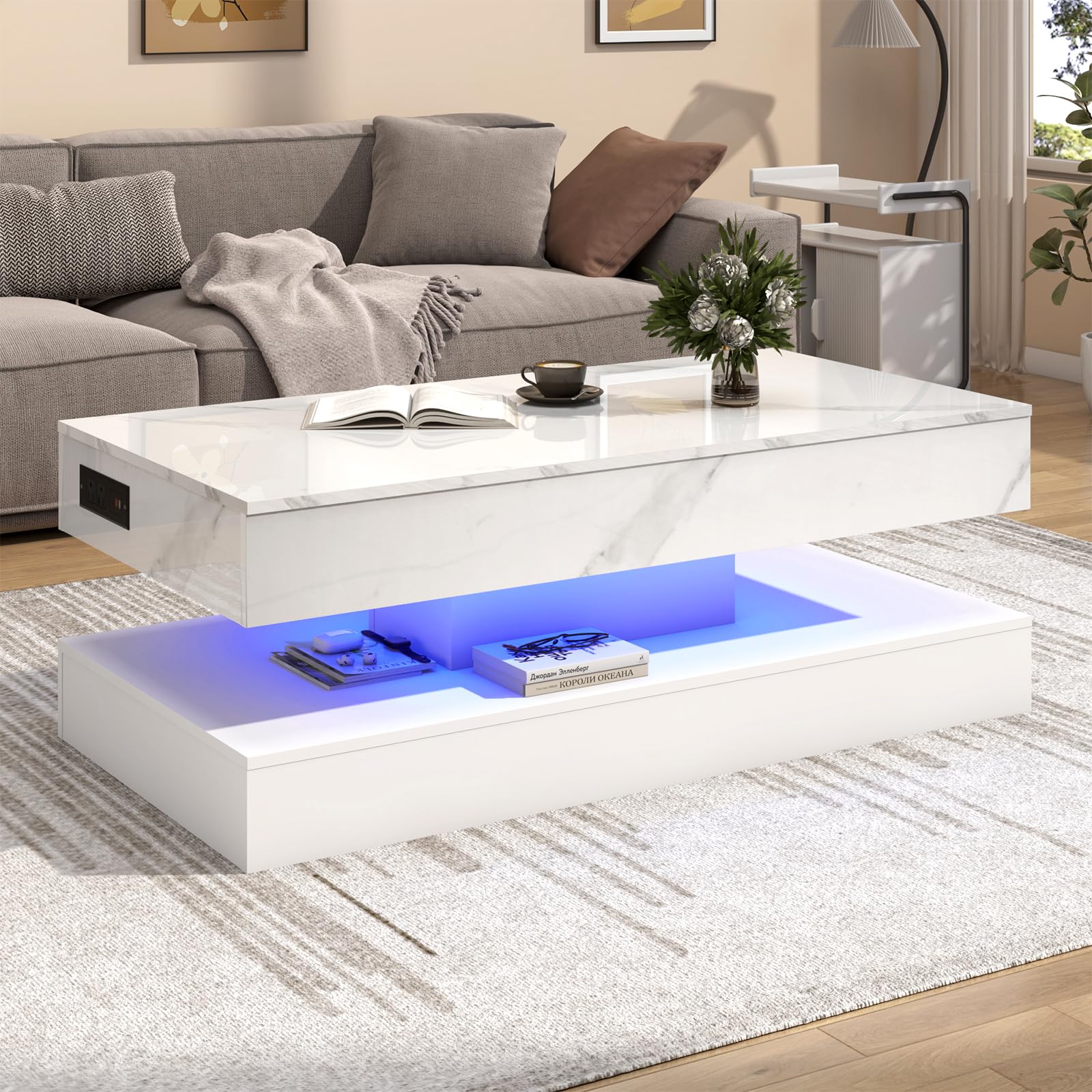 ChVans 47" Large Lift Top Coffee Table with Charging Station & LED Lights, High Glossy White LED Coffee Table with Hidden Compartment Storage, Modern Living Room Tables w/Marbling Print