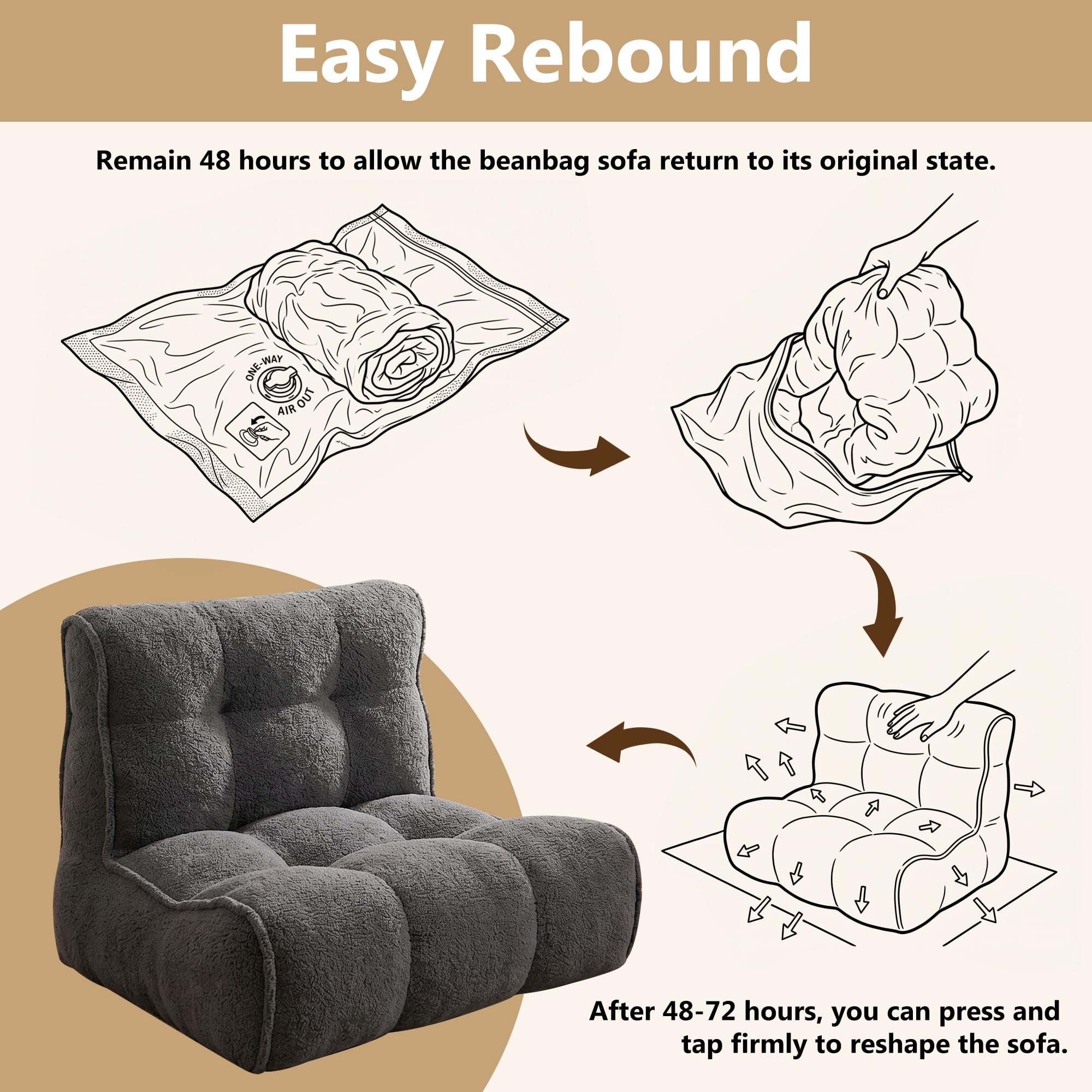 Chenille Bean Bag Floor Couch, Oversized Memory Foam Lazy Sofa, Plush Textured Floor Lounger for Bedroom, Living Room, Dorm & Game Room