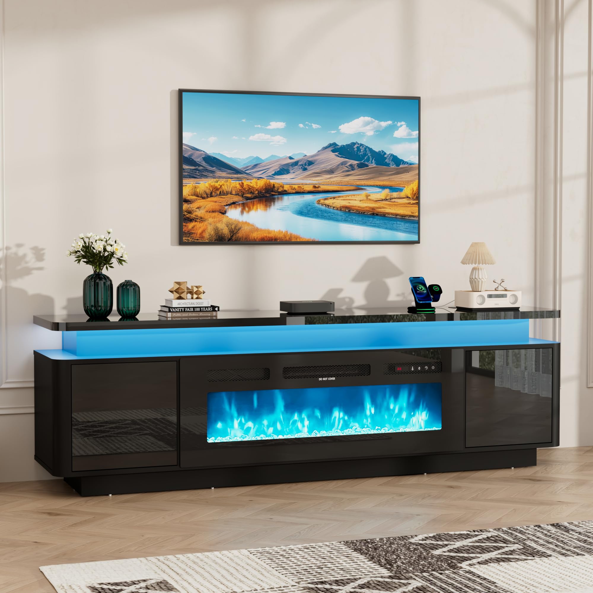 71 Inch Gloss Fireplace Media Console, 36" Electric LED Flame TV Cabinet Fits Up To 80 Inch Television