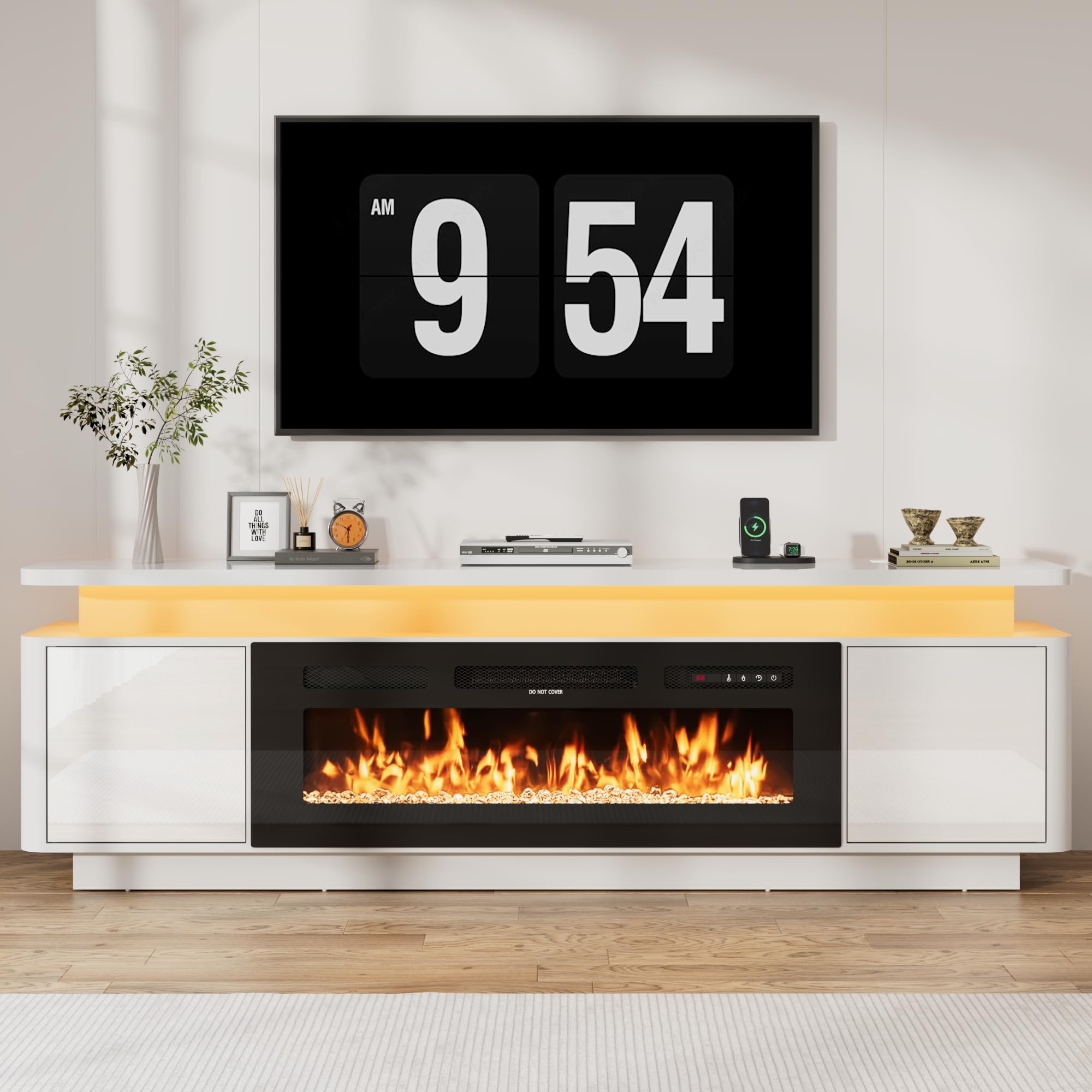 71 Inch Gloss Fireplace Media Console, 36" Electric LED Flame TV Cabinet Fits Up To 80 Inch Television
