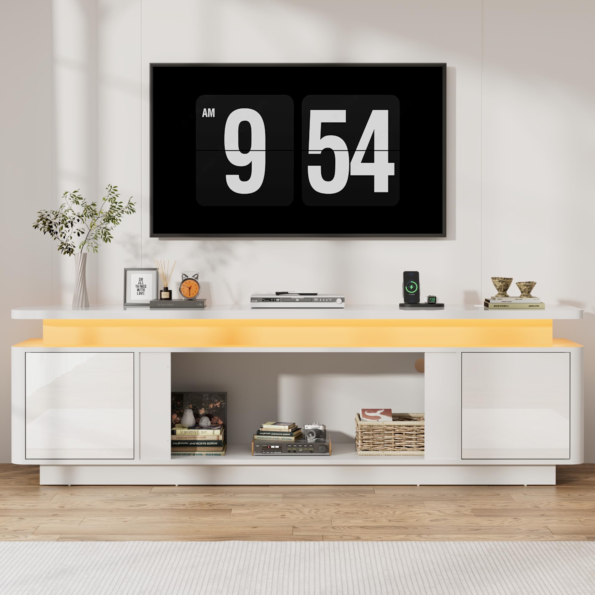  71 Inch White High Gloss Media Console, TV Cabinet With Power Strip, LED Lights & Storage For Up To 80 Inch Television