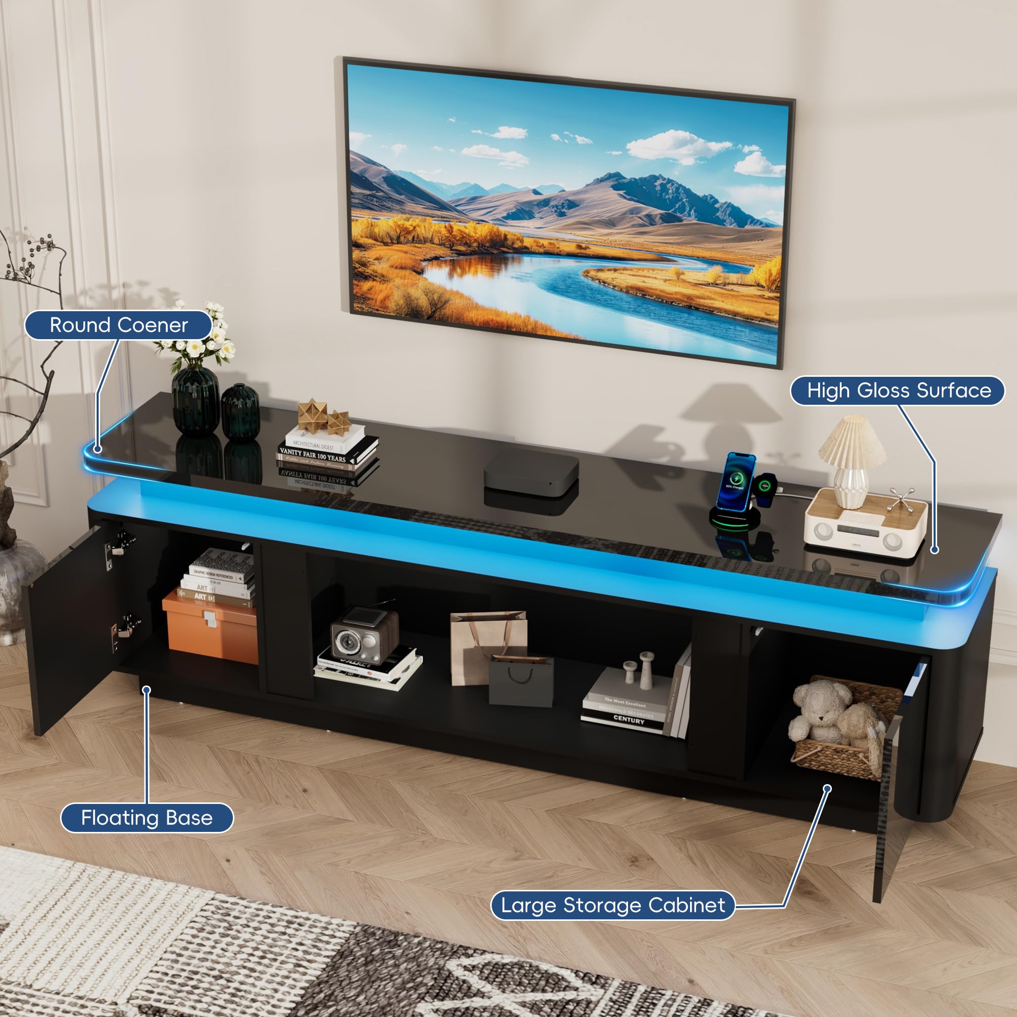  71 Inch White High Gloss Media Console, TV Cabinet With Power Strip, LED Lights & Storage For Up To 80 Inch Television