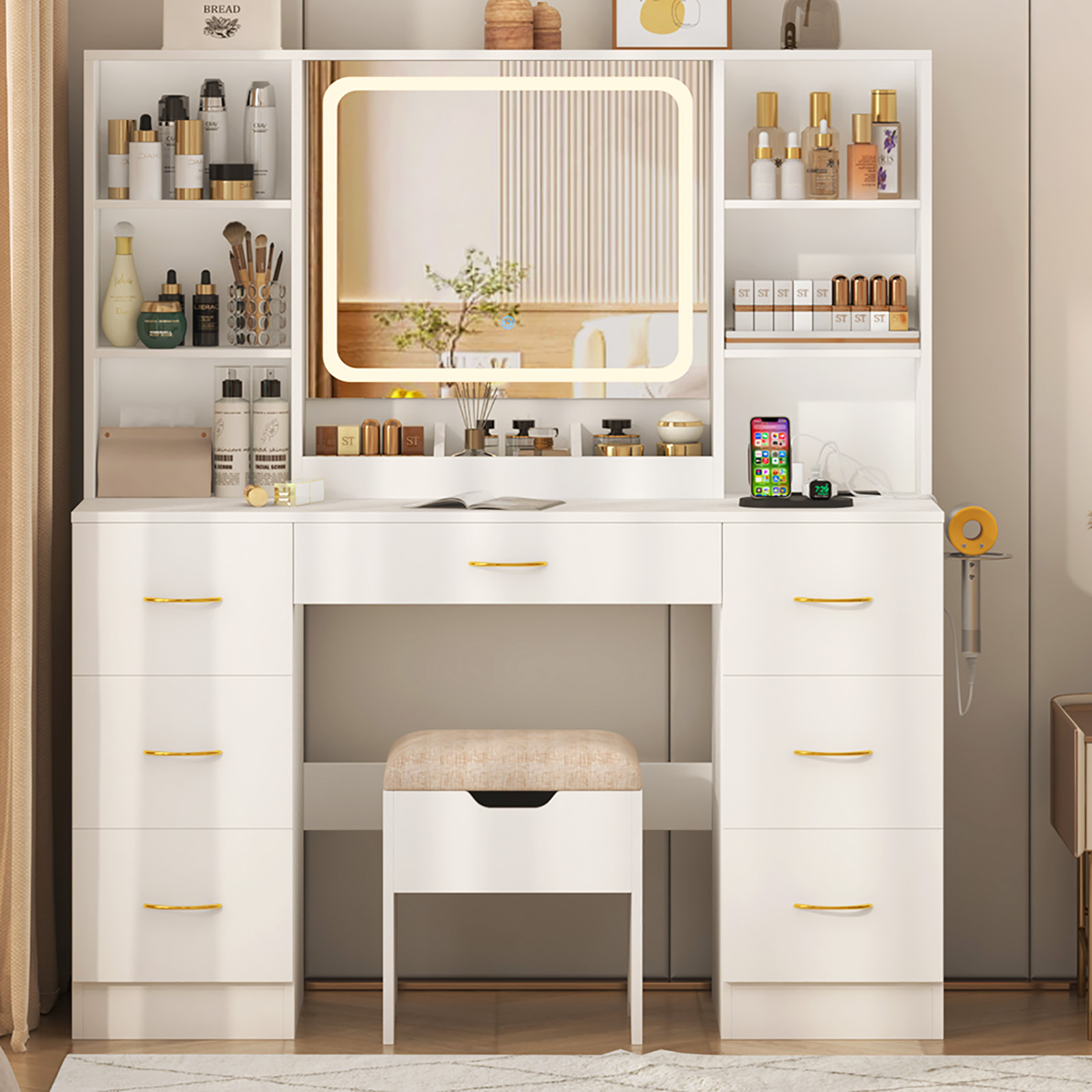 Large Vanity Desk Set with Mirror & LED Light & Power Outlet, 47" White Makeup Vanity with 6 Shelves & 7 Drawers for Women, Girls Gift