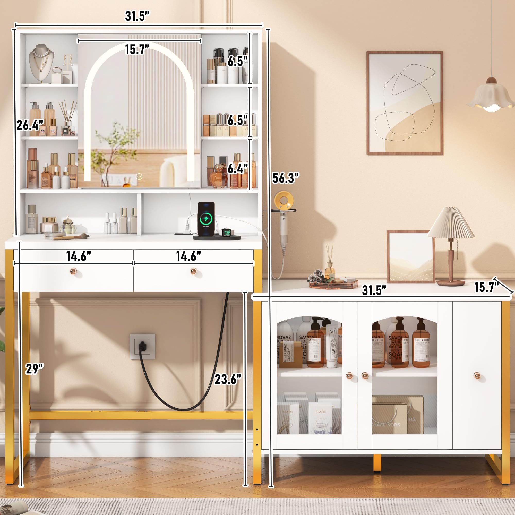 ChVans Corner Vanity Desk with Sliding Mirror and Lights, White and Gold Desk Vanity Tables with Storage Cabinet, Dressing Table for Girls, Women, White