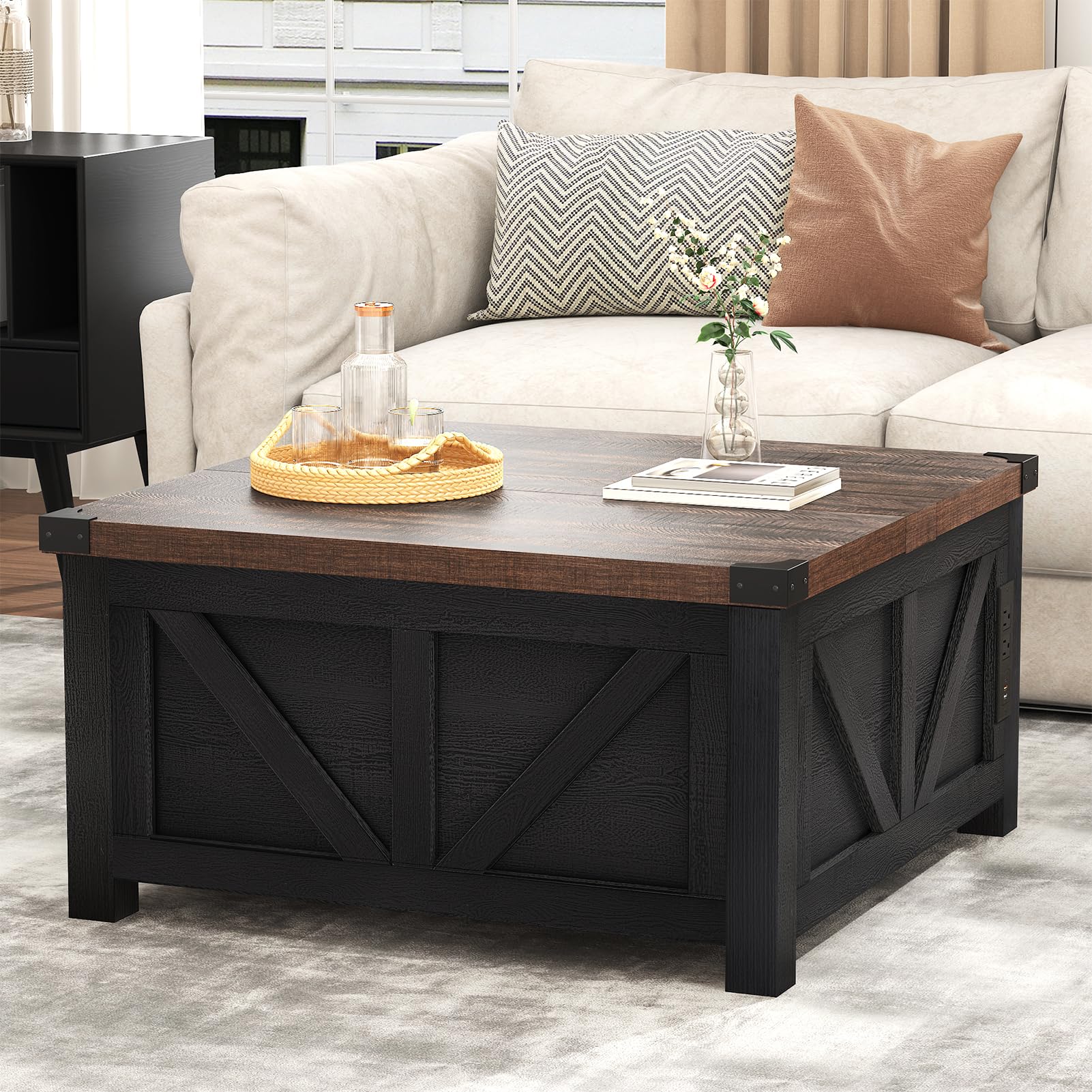 ChVans 35.6" Square Lift Top Coffee Table, Farmhouse Coffee Table with Storage & Charging Ports, Wood Center Table w/Large Hidden Space for Living Room Home Office, Brown