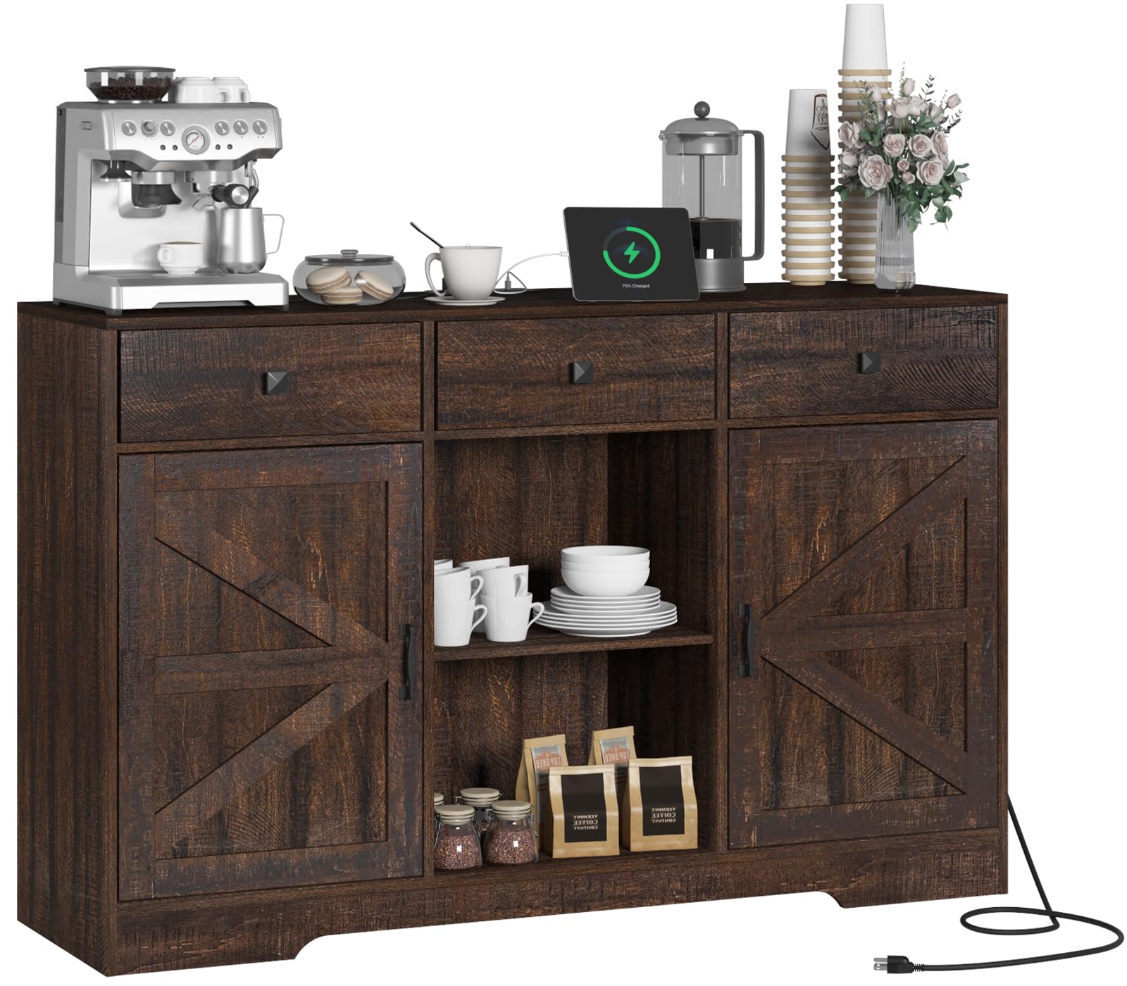 ChVans 54'' 3 Drawer Coffee Bar Cabinet with Power Charging Station & & 2 Doors