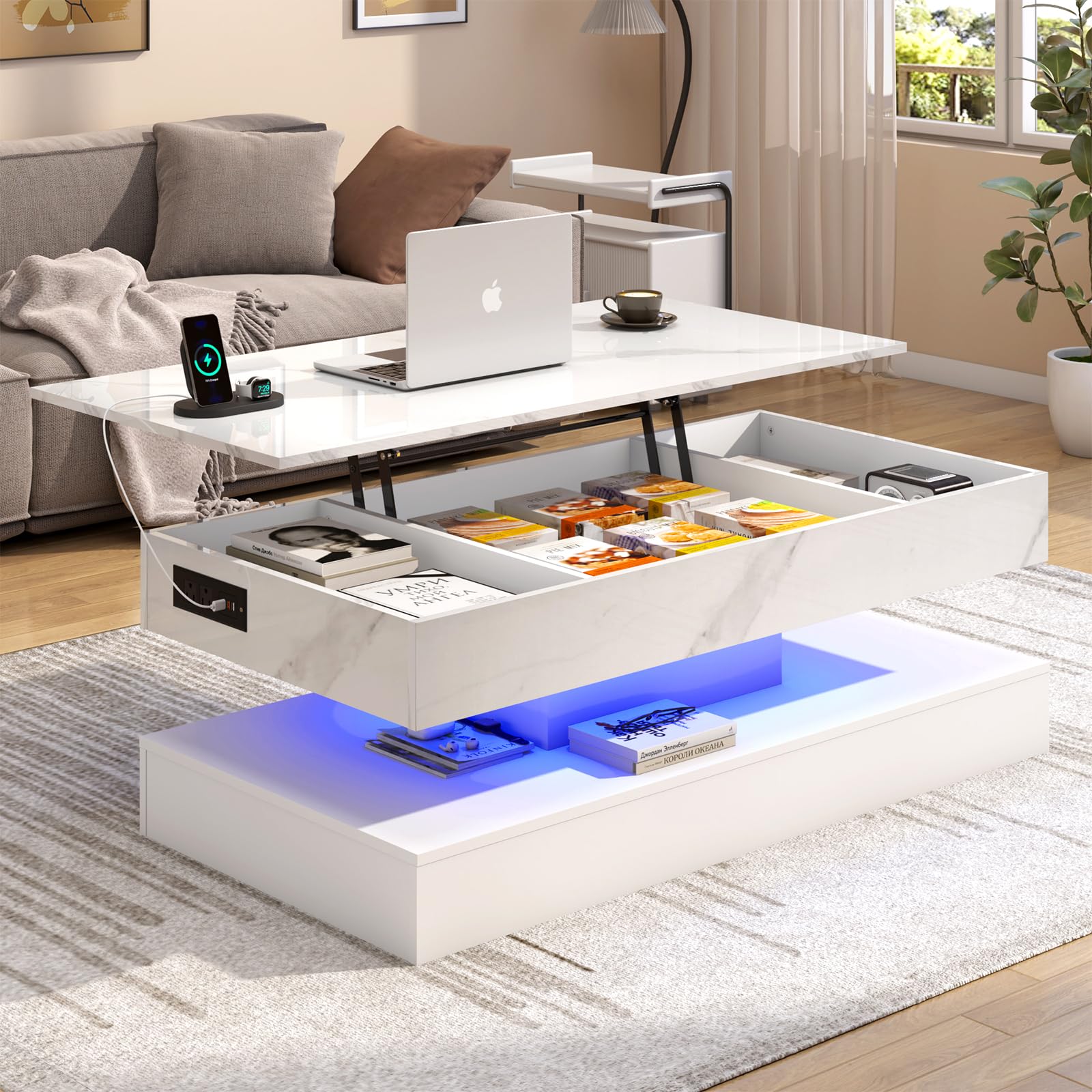 ChVans 47" Large Lift Top Coffee Table with Charging Station & LED Lights, High Glossy White LED Coffee Table with Hidden Compartment Storage, Modern Living Room Tables w/Marbling Print