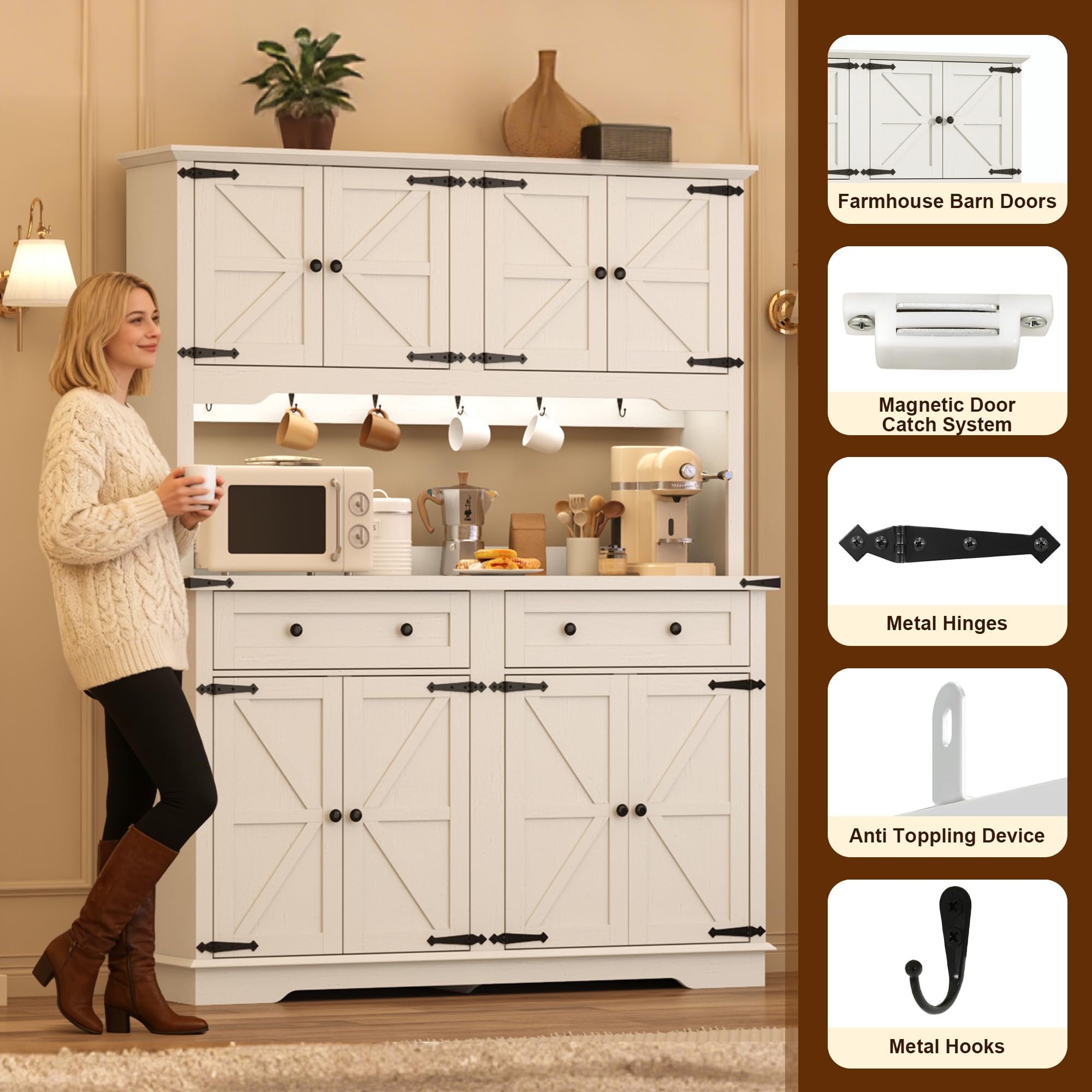 ANPOO 71" Tall Farmhouse Kitchen Pantry Cabinet with LED Light, Power Outlet & 4 Doors with Door-mounted Storage, Large Freestanding Storage Hutch with Open Countertop for Dining Room, Living Room