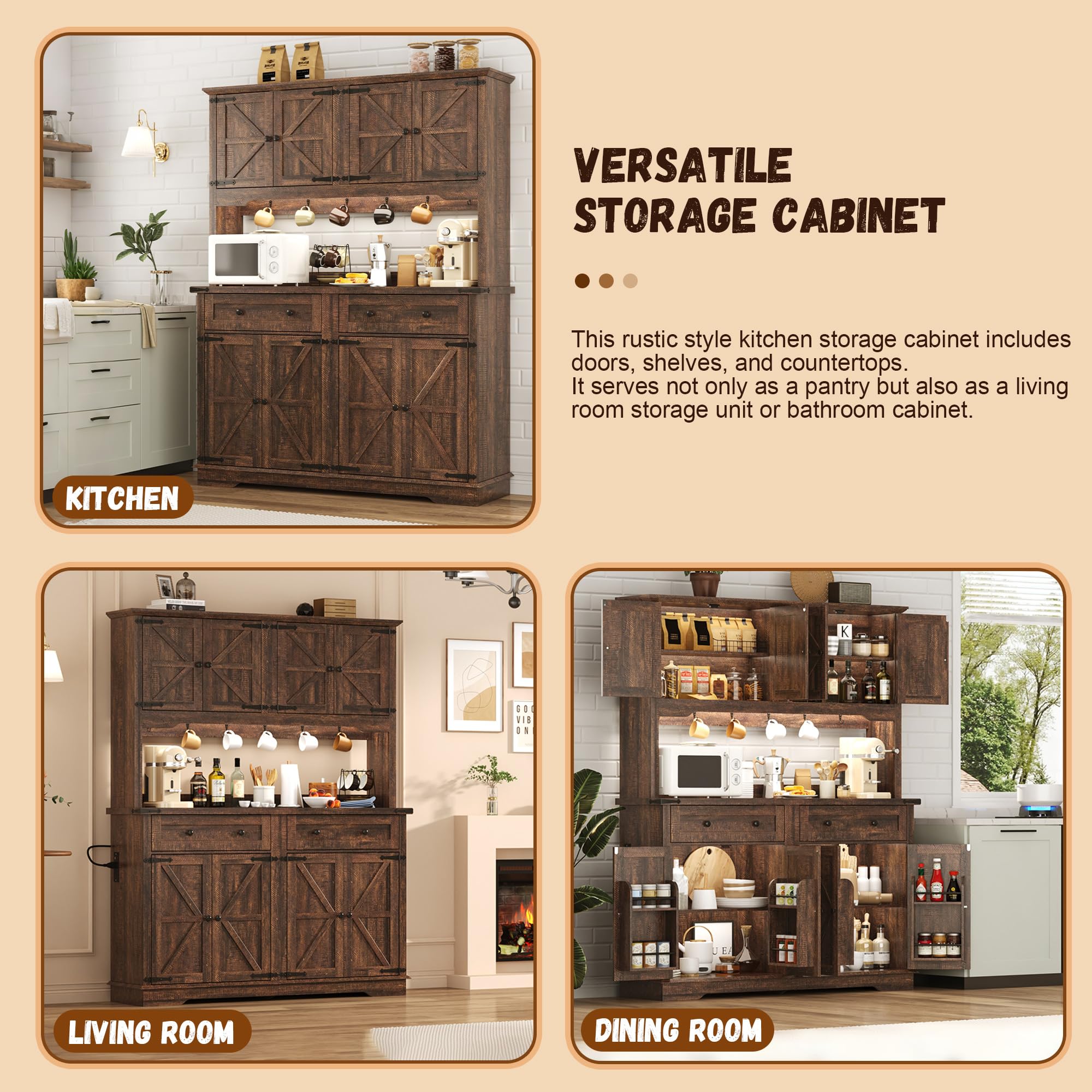 ANPOO 71" Tall Farmhouse Kitchen Pantry Cabinet with LED Light, Power Outlet & 4 Doors with Door-mounted Storage, Large Freestanding Storage Hutch with Open Countertop for Dining Room, Living Room