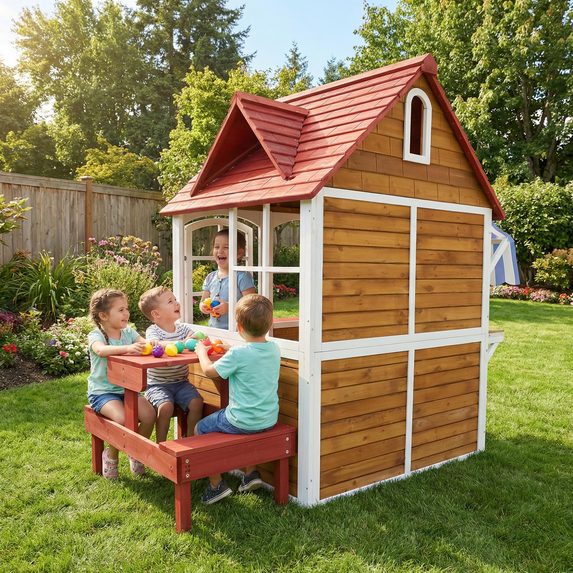 ANPOO Outdoor Wooden Kids Playhouse, Large Play House with Bench/Table/Kitchen/Flower Pot Holders/Toys, Outdoor Play Toy Gift for Ages 3+