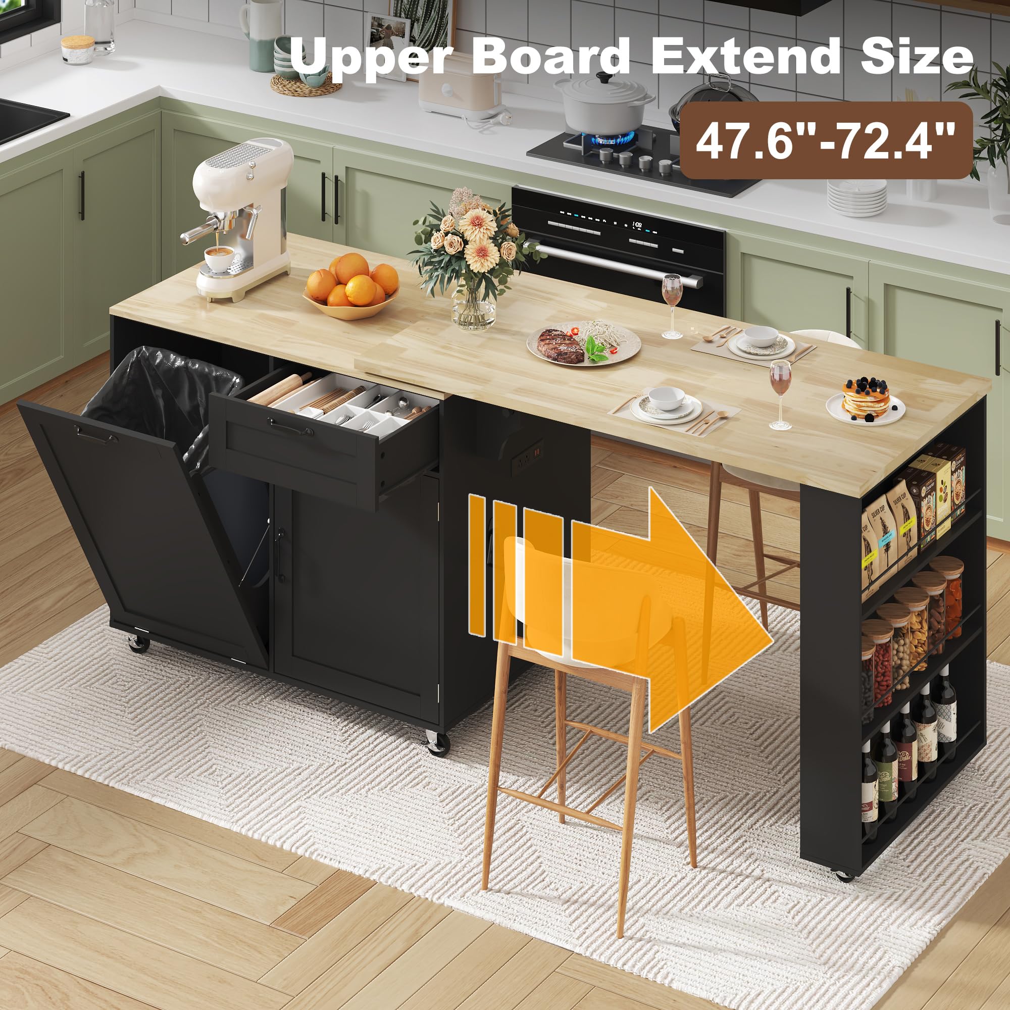 ANPOO 360° Rotating Rolling Kitchen Island Cart with Tilt-Out Trash Bin, Extendable Table, Spice Rack, Storage Cabinet & Drawer, Lockable Wheels, Modern Wooden Cart for Kitchens & Dining Rooms