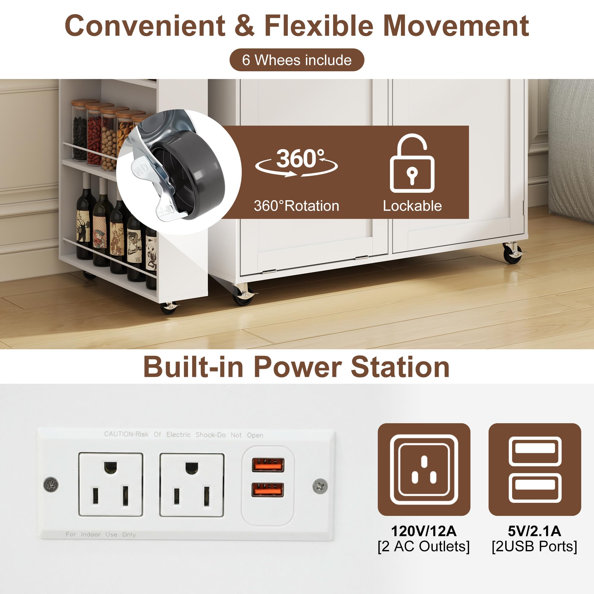 ANPOO 360° Rotating Rolling Kitchen Island Cart with Tilt-Out Trash Bin, Extendable Table, Spice Rack, Storage Cabinet & Drawer, Lockable Wheels, Modern Wooden Cart for Kitchens & Dining Rooms