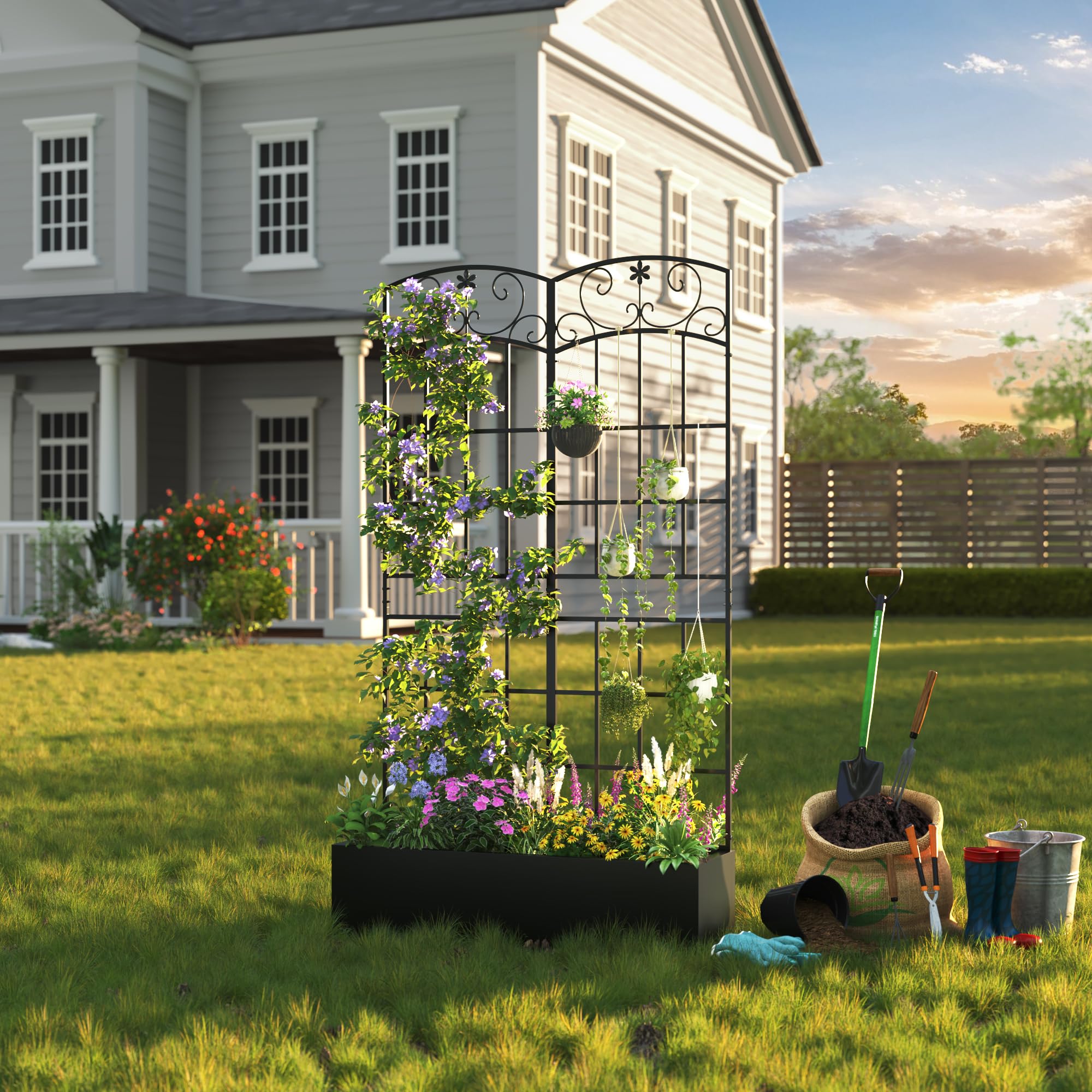 Coumy Metal Raised Garden Bed with Trellis, 70.9"x40.4"x11.8" Planter Box with Drainage Holes & Privacy Screen for Climbing Plants, Vegetables & Vines