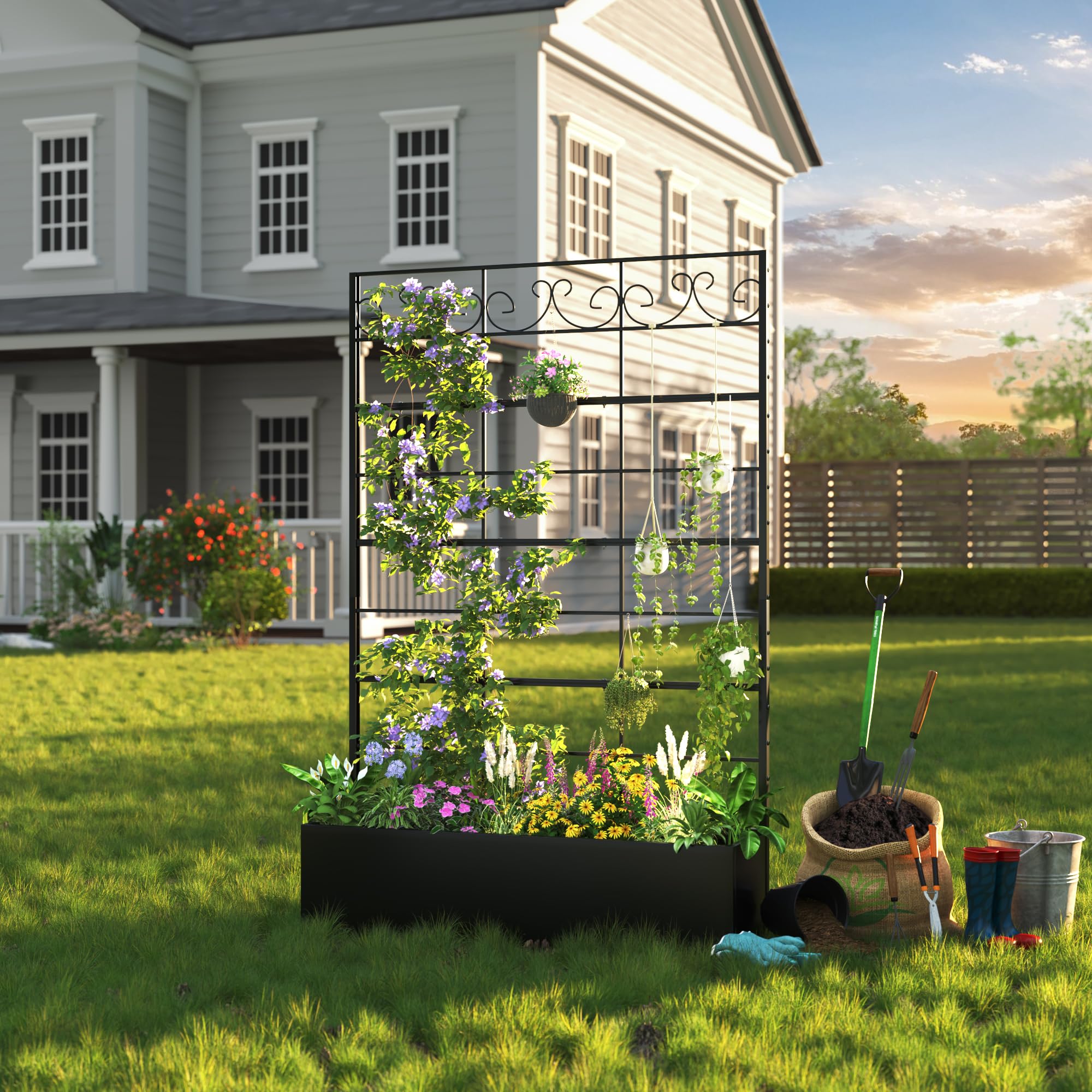 Coumy Metal Raised Garden Bed with Trellis, 70.9"x47.2"x12" Planter Box with Drainage Holes & Privacy Screen for Climbing Plants, Vegetables & Vines