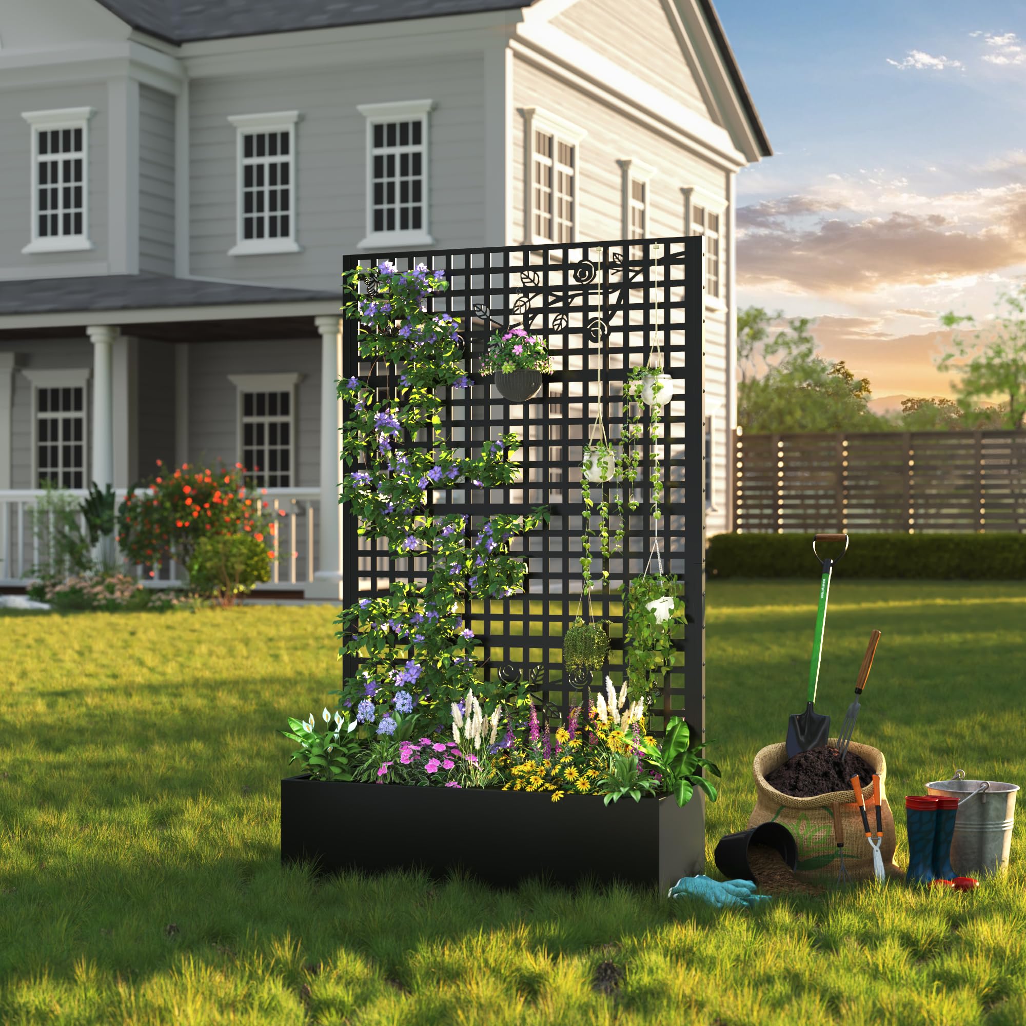 Coumy Metal Raised Garden Bed with Trellis, 70.9"x43.3"x15.8" Planter Box with Drainage Holes & Privacy Screen for Climbing Plants, Vegetables & Vines