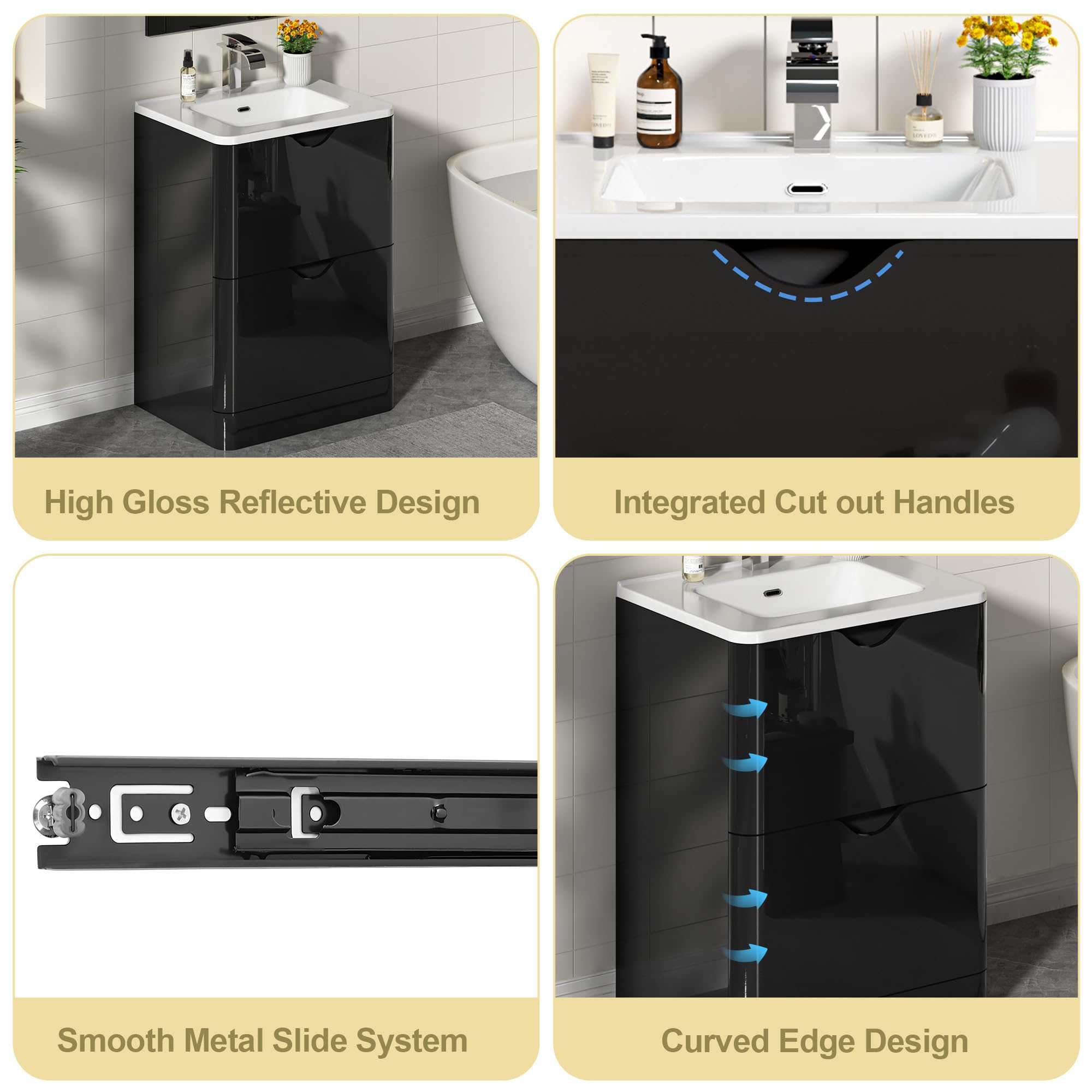 ANPOO 24 Inch High Gloss Bathroom Vanity with Sink, Mirror and Faucet, Freestanding Storage Cabinet with 2 Drawers, Modern Ceramic Sink Vanity Combo
