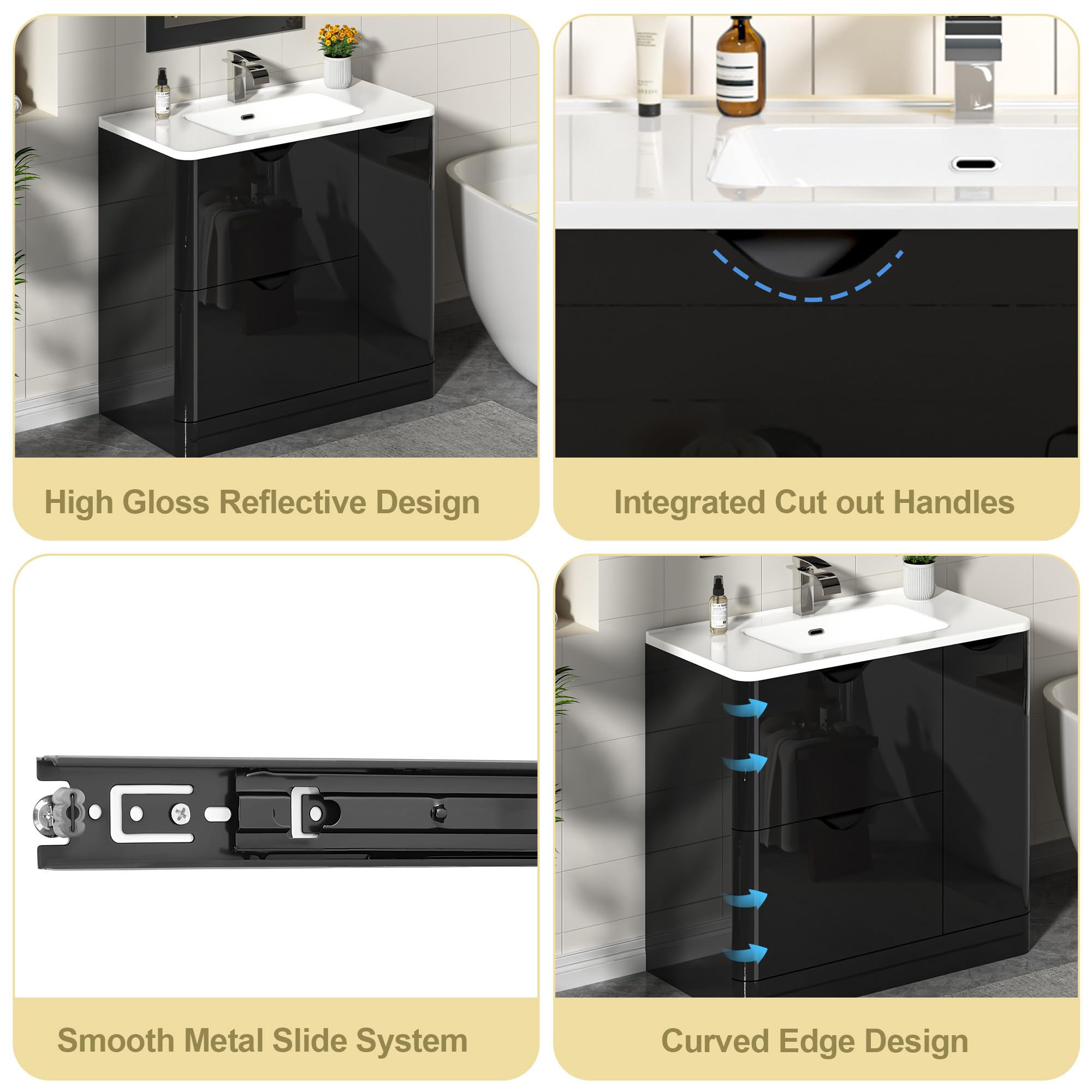ANPOO 24 Inch High Gloss Bathroom Vanity with Sink, Mirror and Faucet, Freestanding Storage Cabinet with 2 Drawers, Modern Ceramic Sink Vanity Combo