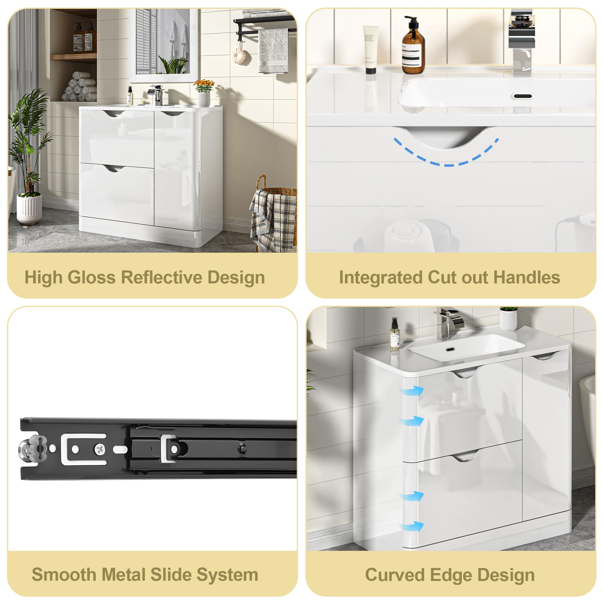 ANPOO 24 Inch High Gloss Bathroom Vanity with Sink, Mirror and Faucet, Freestanding Storage Cabinet with 2 Drawers, Modern Ceramic Sink Vanity Combo