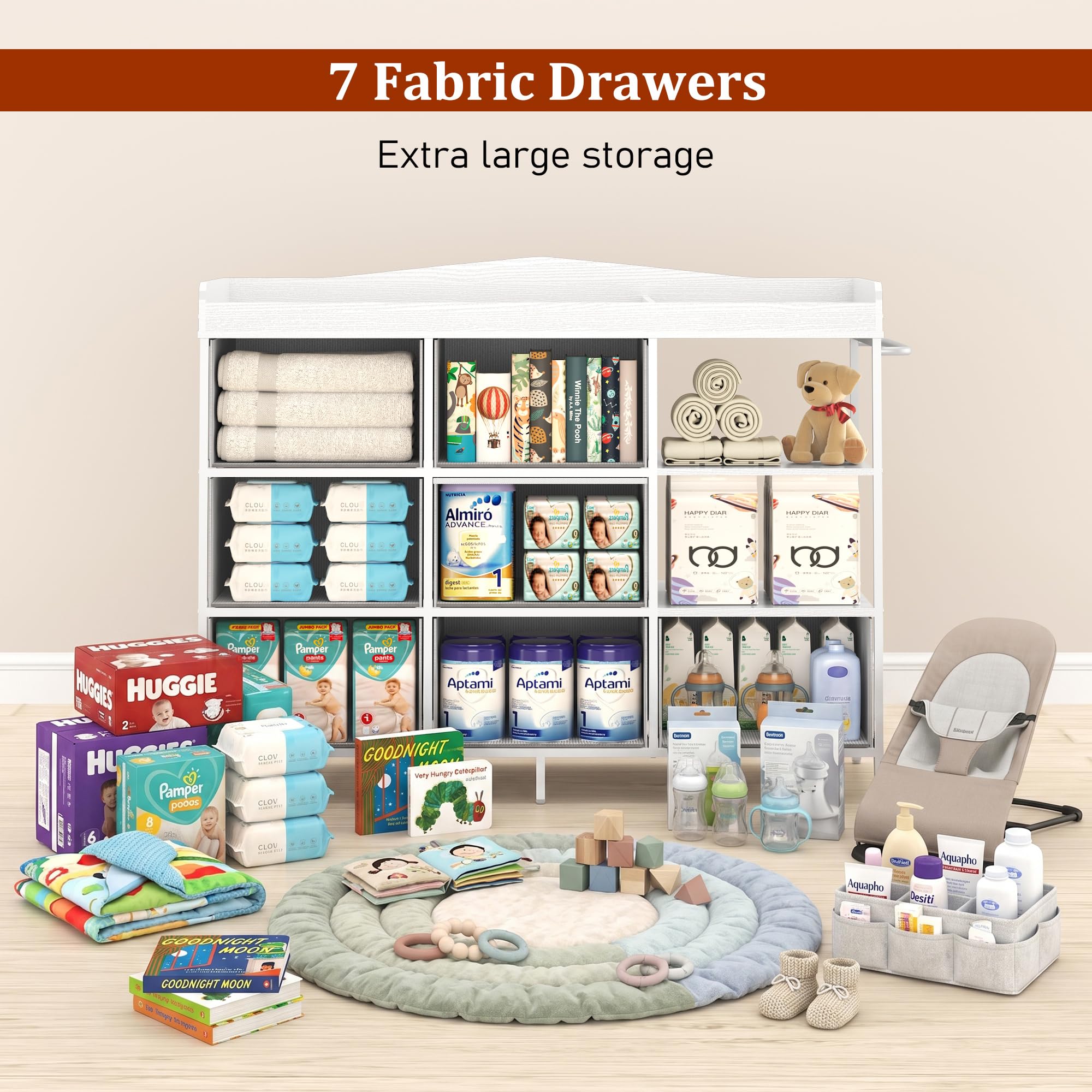 ANPOO Baby Changing Table Dresser with 7 Fabric Drawers, Changing Top & Open Shelves, Nursery Storage Organizer White