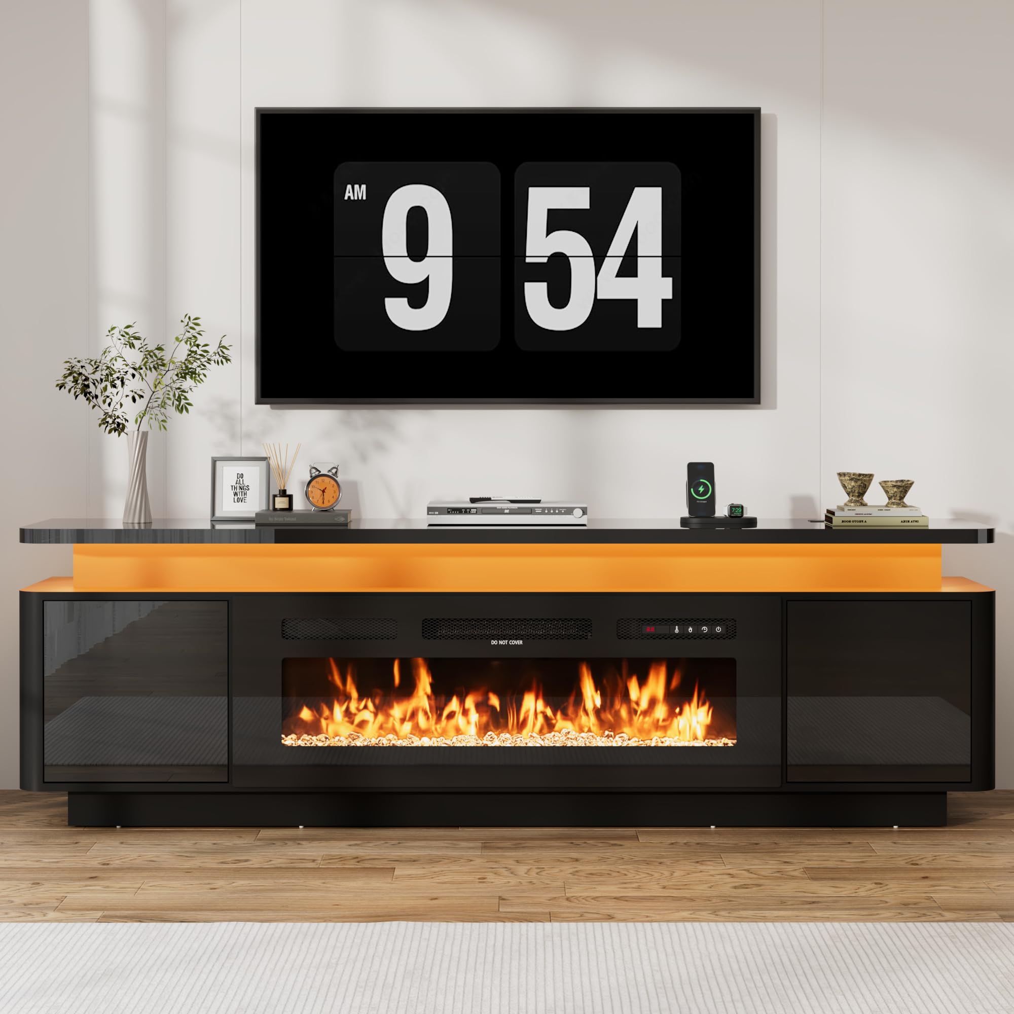 71 Inch Gloss Fireplace Media Console, 36" Electric LED Flame TV Cabinet Fits Up To 80 Inch Television