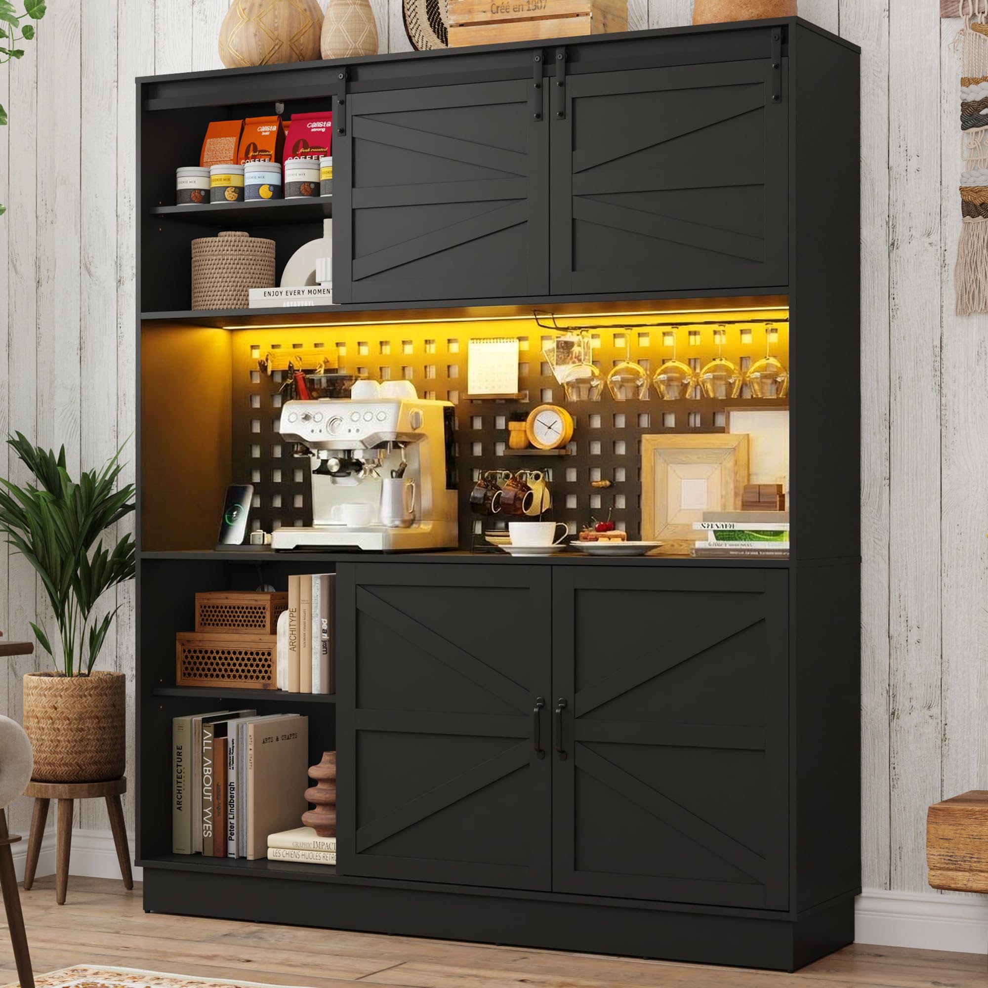 63"W 75"H Farmhouse Coffee Bar Cabinet with Hutch