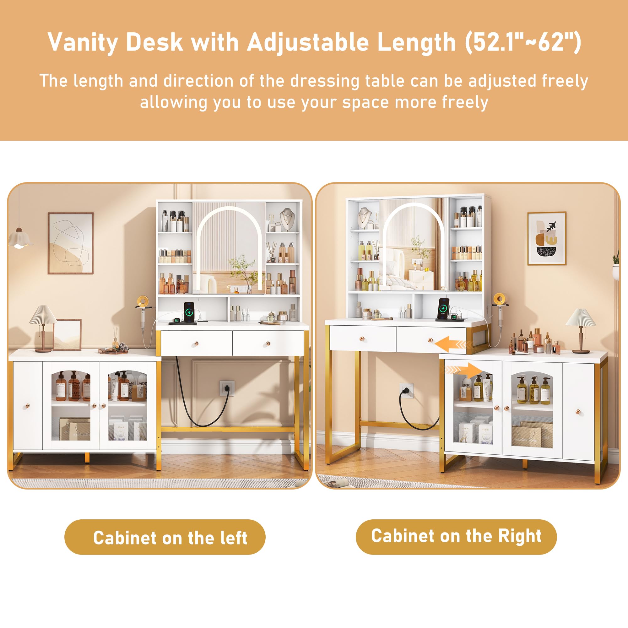 ChVans Corner Vanity Desk with Sliding Mirror and Lights, White and Gold Desk Vanity Tables with Storage Cabinet, Dressing Table for Girls, Women, White
