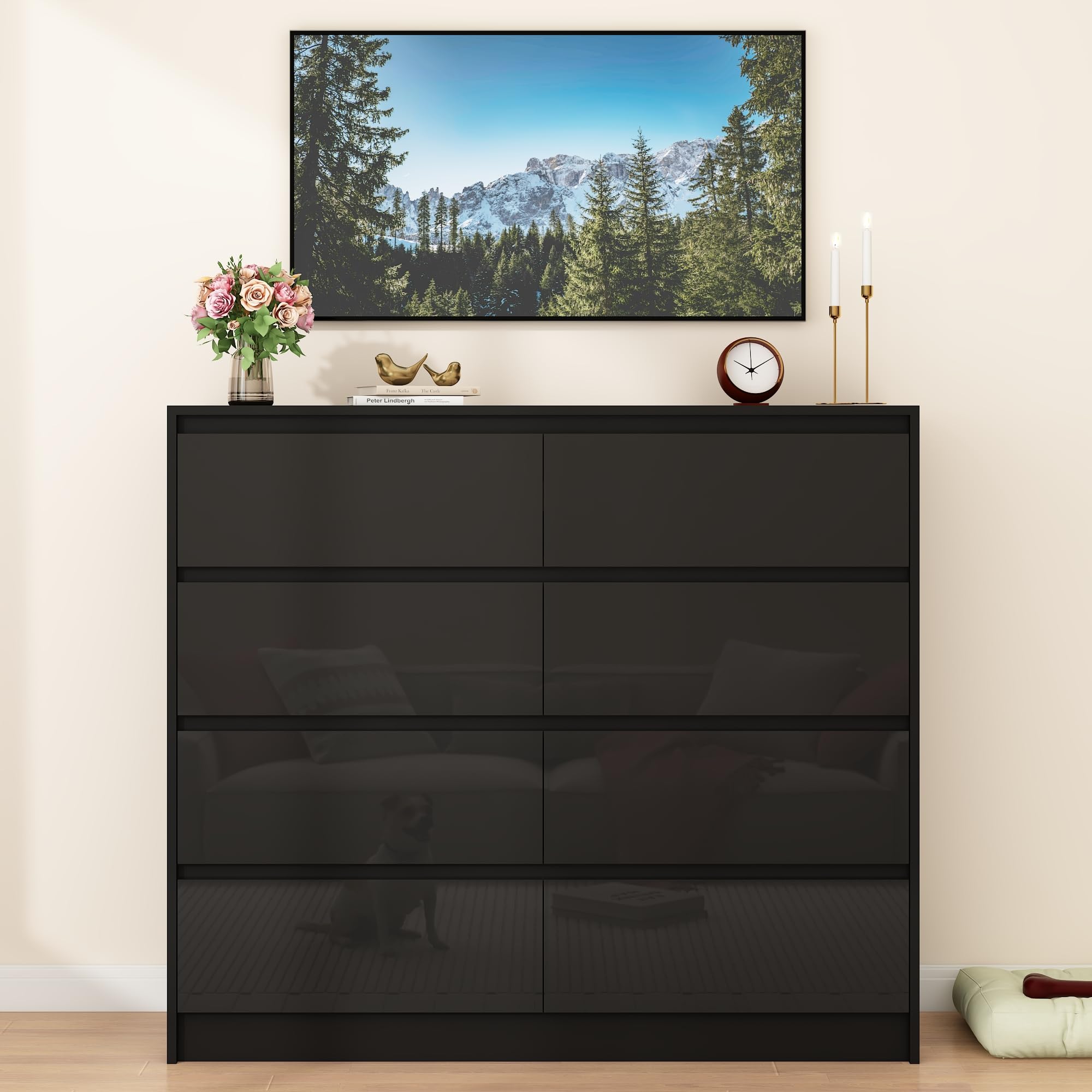 ChVans 8 Drawer Black Dresser for Bedroom, Modern High Gloss 8 Drawers Double Dressers, Wood Chest of Drawer Handle Free,Long Dresser for Bedroom,Living Room,Entryway,Hallway