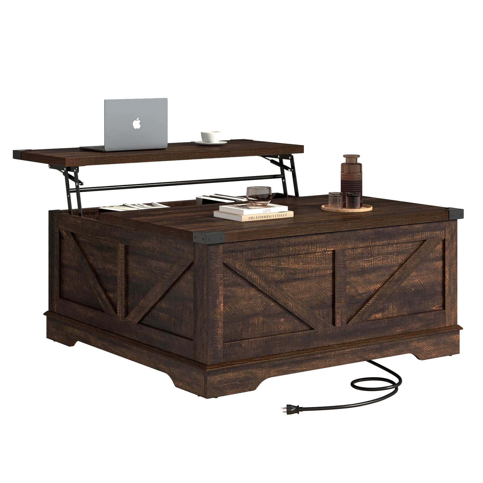 ChVans 35.6" Square Lift Top Coffee Table, Farmhouse Coffee Table with Storage & Charging Ports, Wood Center Table w/Large Hidden Space for Living Room Home Office, Brown