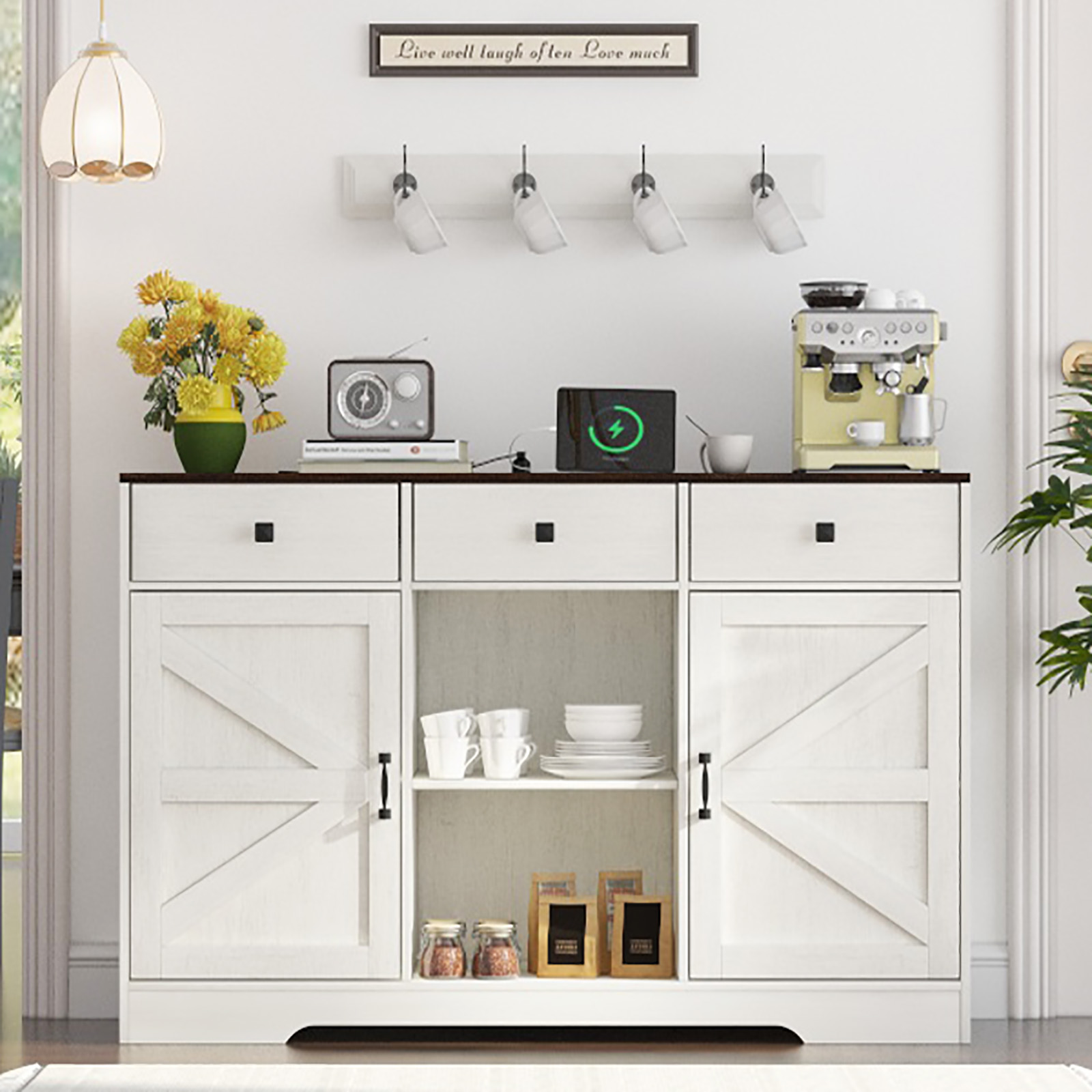 ChVans 54'' 3 Drawer Coffee Bar Cabinet with Power Charging Station & & 2 Doors