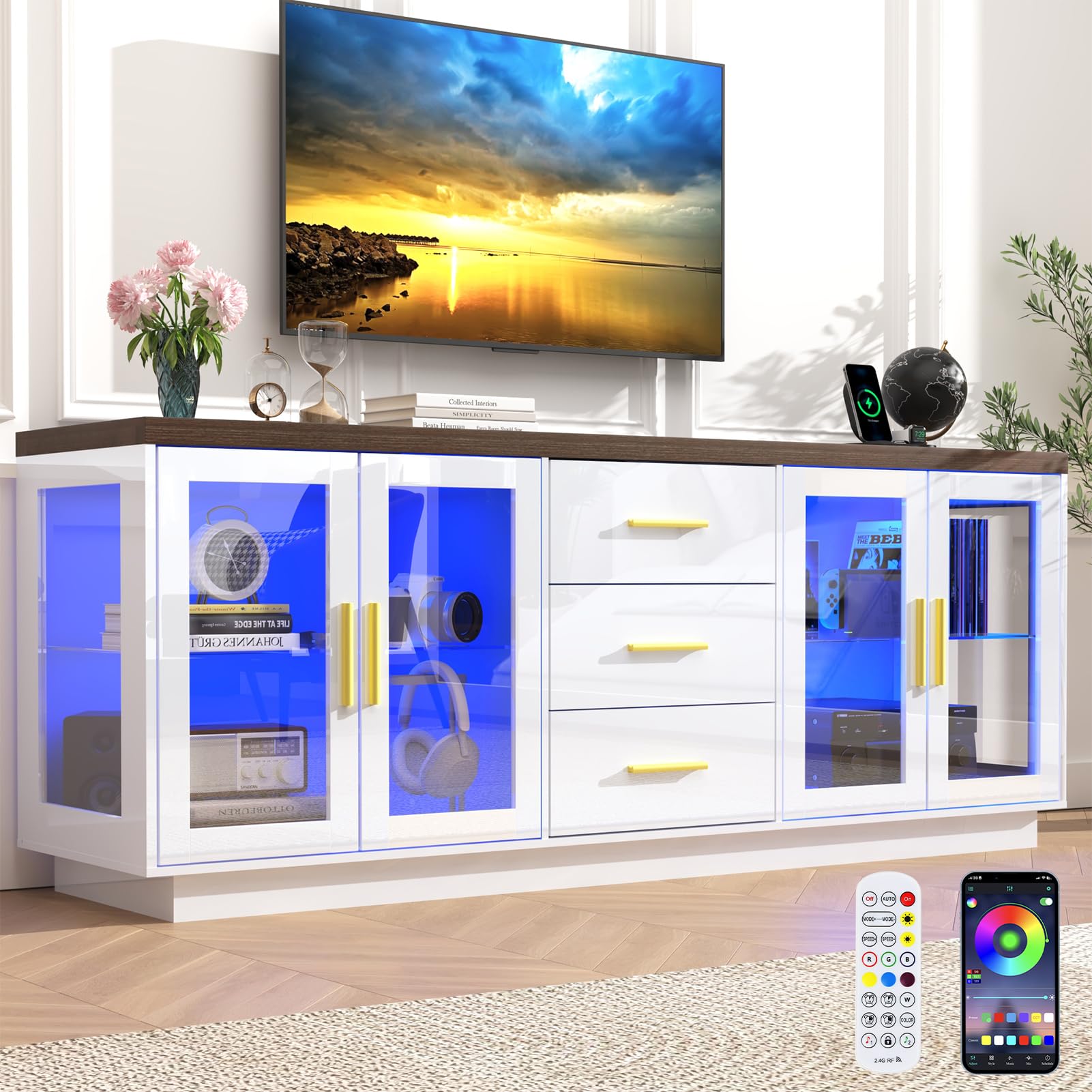 ChVans 69" Modern LED TV Stand for TVs up to 80" with Power Outlets, High Gloss Entertainment Center with Open Shelves & Storage Cabinets & Drawers for Living Room, Game Room, Bedroom