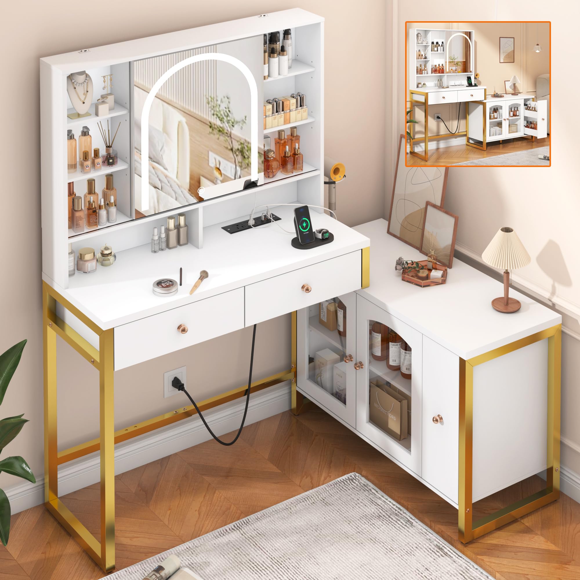 ChVans Corner Vanity Desk with Sliding Mirror and Lights, White and Gold Desk Vanity Tables with Storage Cabinet, Dressing Table for Girls, Women, White