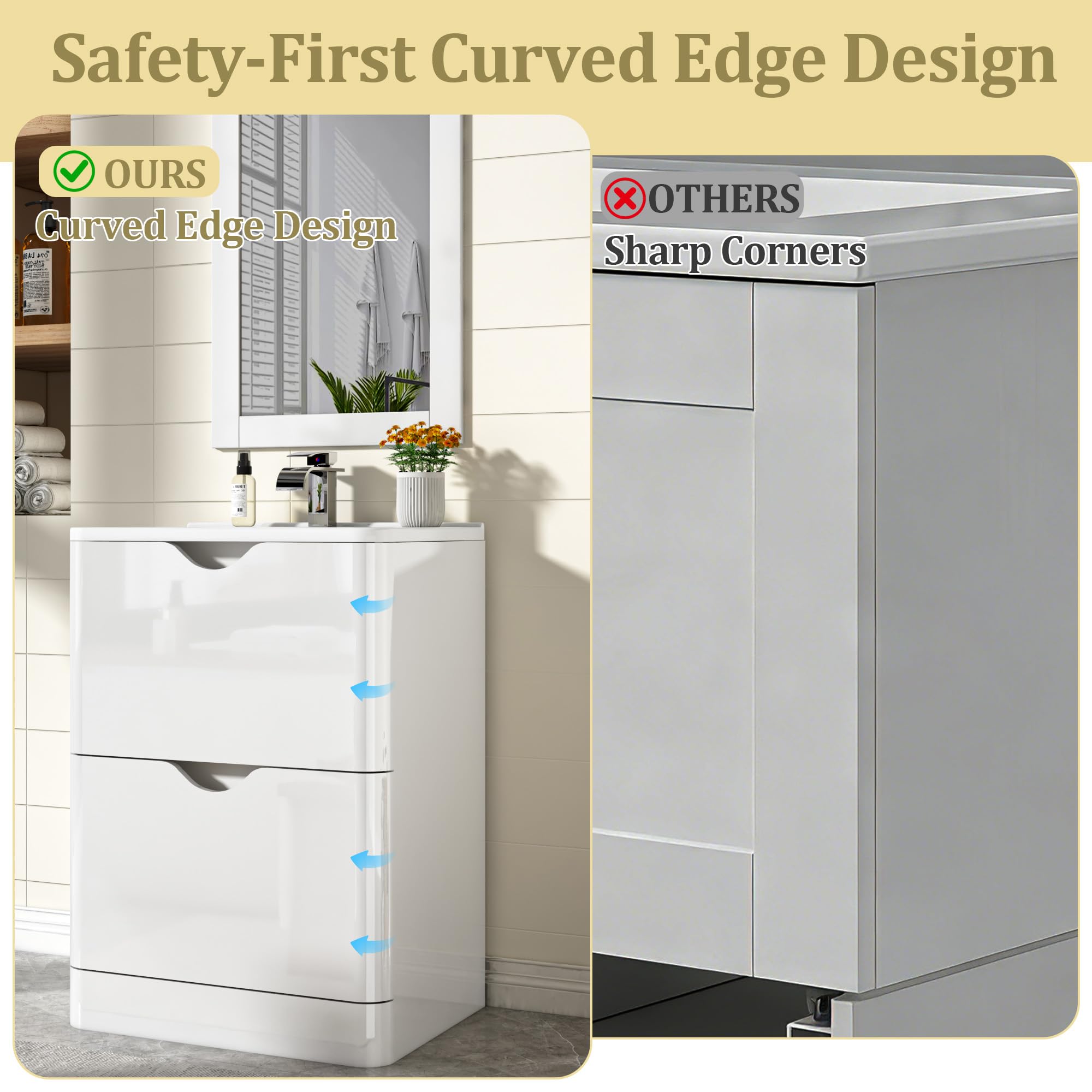 ANPOO 24 Inch High Gloss Bathroom Vanity with Sink, Mirror and Faucet, Freestanding Storage Cabinet with 2 Drawers, Modern Ceramic Sink Vanity Combo