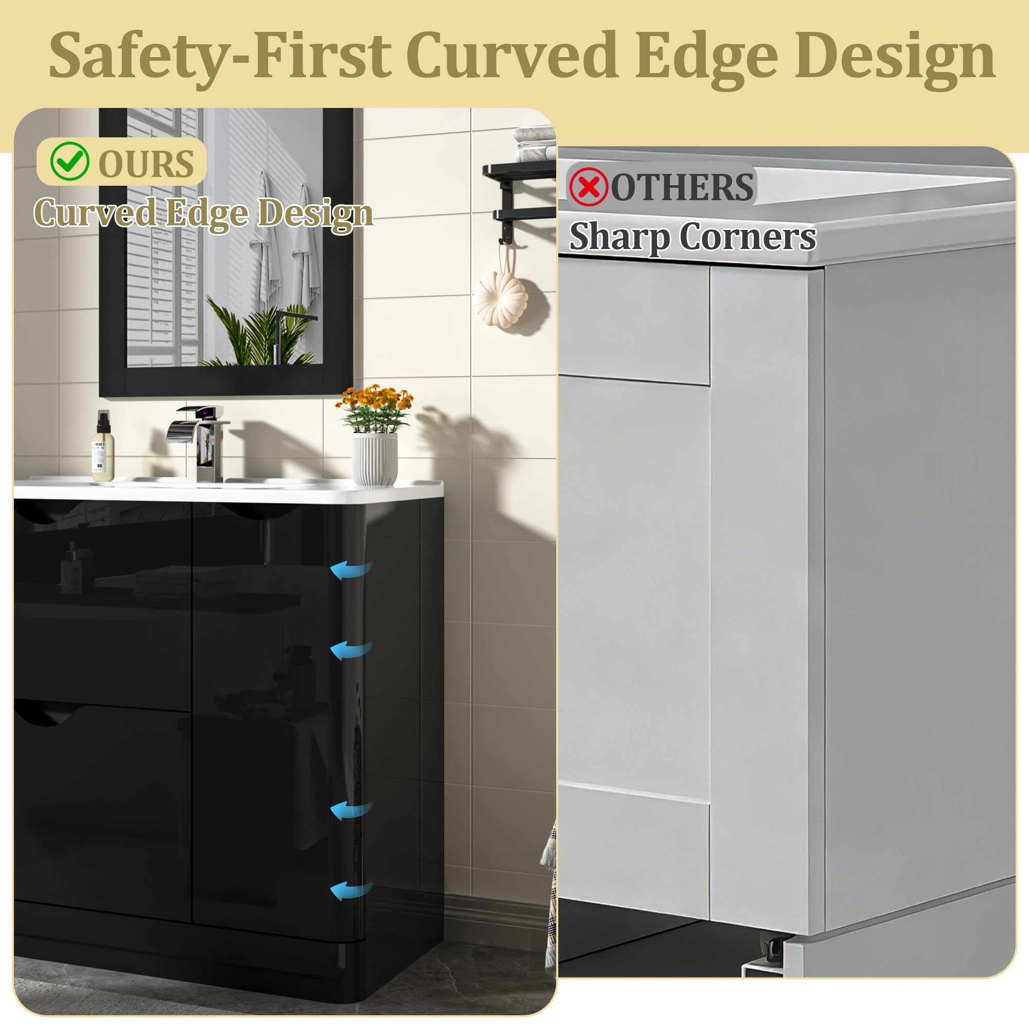 ANPOO 24 Inch High Gloss Bathroom Vanity with Sink, Mirror and Faucet, Freestanding Storage Cabinet with 2 Drawers, Modern Ceramic Sink Vanity Combo