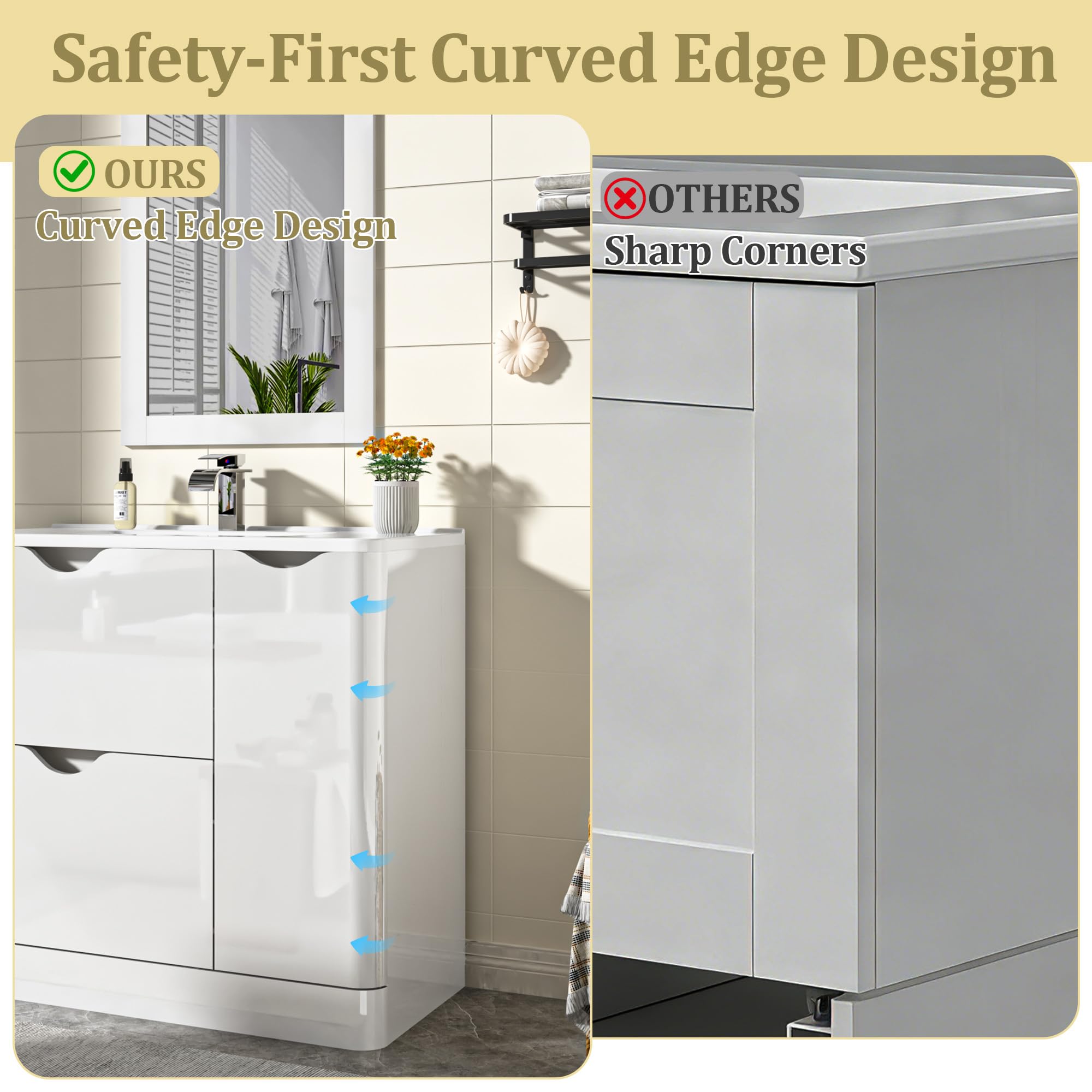 ANPOO 24 Inch High Gloss Bathroom Vanity with Sink, Mirror and Faucet, Freestanding Storage Cabinet with 2 Drawers, Modern Ceramic Sink Vanity Combo