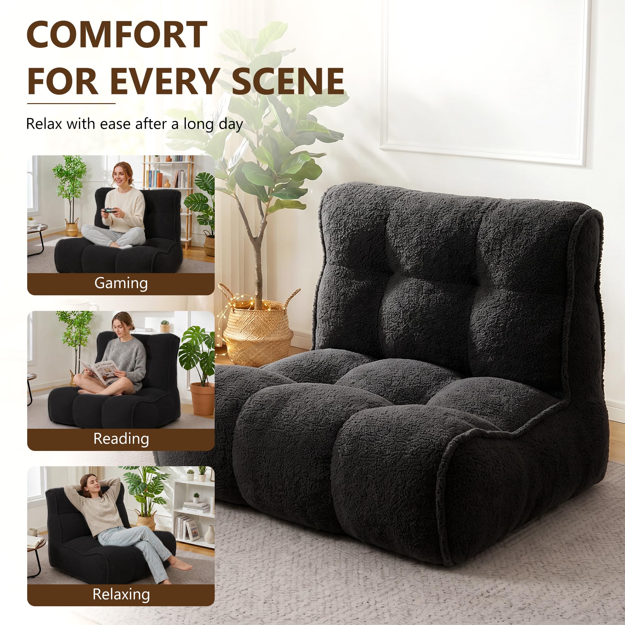 Chenille Bean Bag Floor Couch, Oversized Memory Foam Lazy Sofa, Plush Textured Floor Lounger for Bedroom, Living Room, Dorm & Game Room