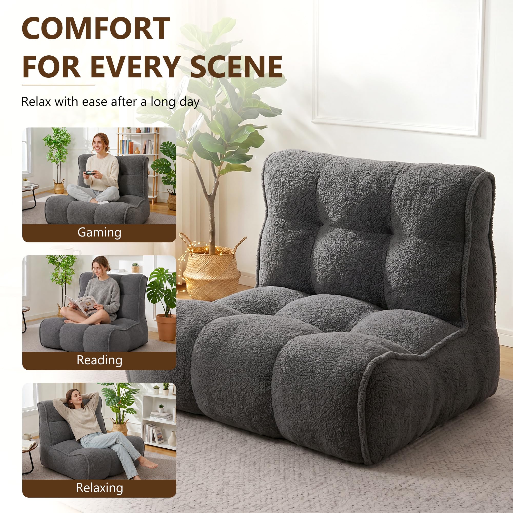 Chenille Bean Bag Floor Couch, Oversized Memory Foam Lazy Sofa, Plush Textured Floor Lounger for Bedroom, Living Room, Dorm & Game Room