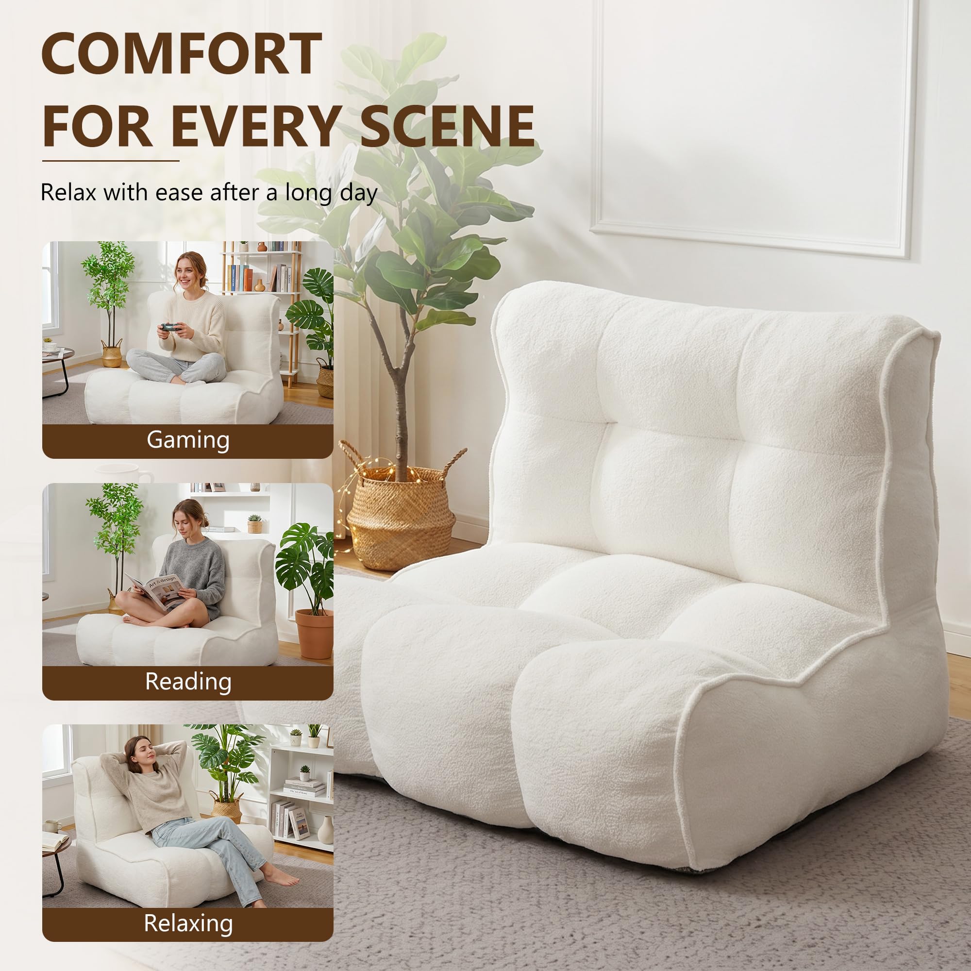 Chenille Bean Bag Floor Couch, Oversized Memory Foam Lazy Sofa, Plush Textured Floor Lounger for Bedroom, Living Room, Dorm & Game Room